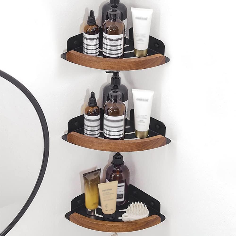 Corner Shower Caddy Solid Wood Corner Shelf, Wall Mount Floating Shelves, Bathroom Shower Room Storage Rack Shower Organizer (Color : A Black 3 Layer)