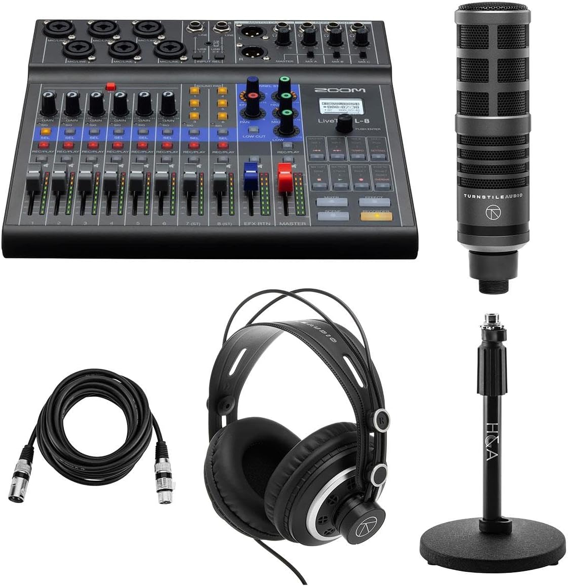 LiveTrak L-8 Portable 8-Channel Digital Mixer and Multitrack Recorder, Bundle 2x Platform Cardioid Dynamic Broadcast Mic, 2x Tabletop Microphone Stand, 2x Studio Monitoring Headphones, Cables