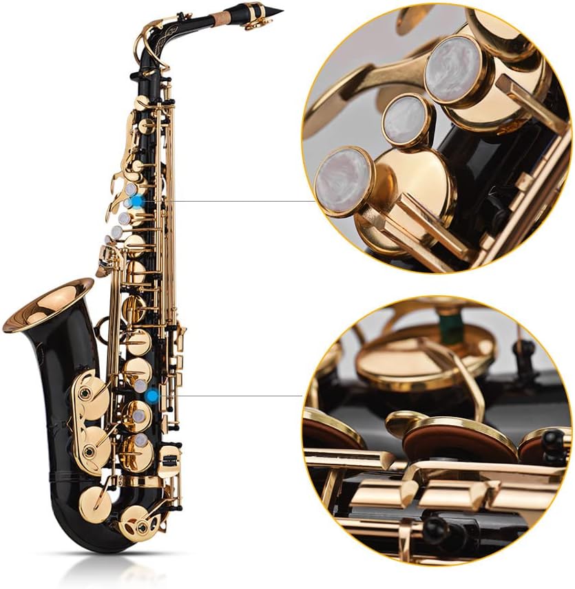 Eb Alto Saxophone Sax Brass Lacquered Gold 82Z Key Type Woodwind Instrument with Padded Carry Case Gloves Cleaning Cloth Brush Sax Straps Reeds