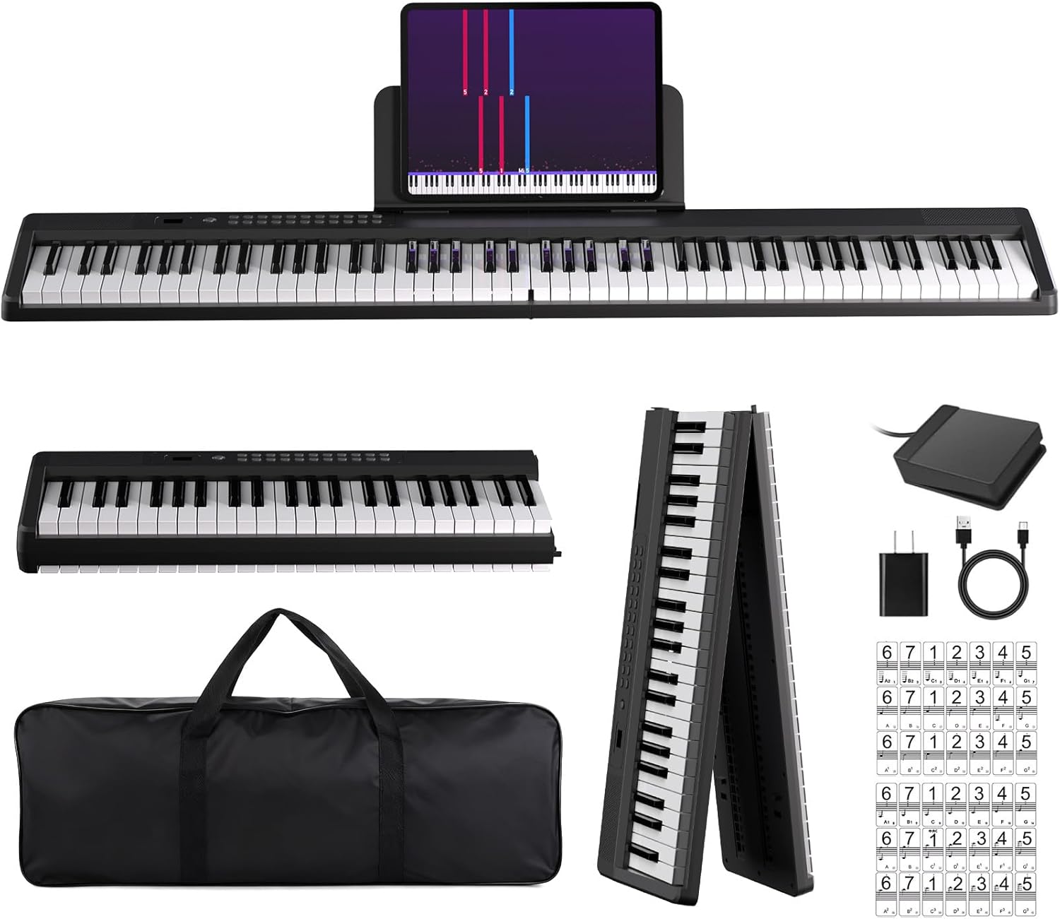 MARVTOWN Portable Folding Piano Keyboard, 88 Semi-Weighted Full Size Keys, Foldable Digital Piano, Electronic Keyboard Piano w/MIDI Bluetooth&two speakers,Rechargeable Electric Keyboard Beginner