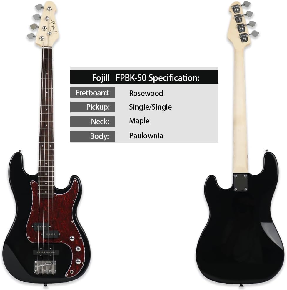 Fojill Full Size Four String Electric Bass Guitar With 10 Watt Amplifier 4 String Right Handed Beginner Kit Set With 600D Gig Bag,Picks,Noiselss Cable,Extra Strings(GBK)