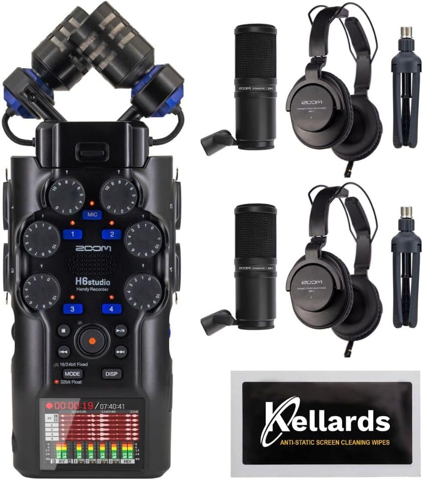 Zoom H6studio 6-Track Handy Recorder with 32-Bit Float Recording Bundle with Zoom ZDM-1 Podcast Mic Pack w/Headphones Windscreen XLR Tabletop Stand (2 Pack), Anti-Static Screen Cleaning Wipes 5-Pack