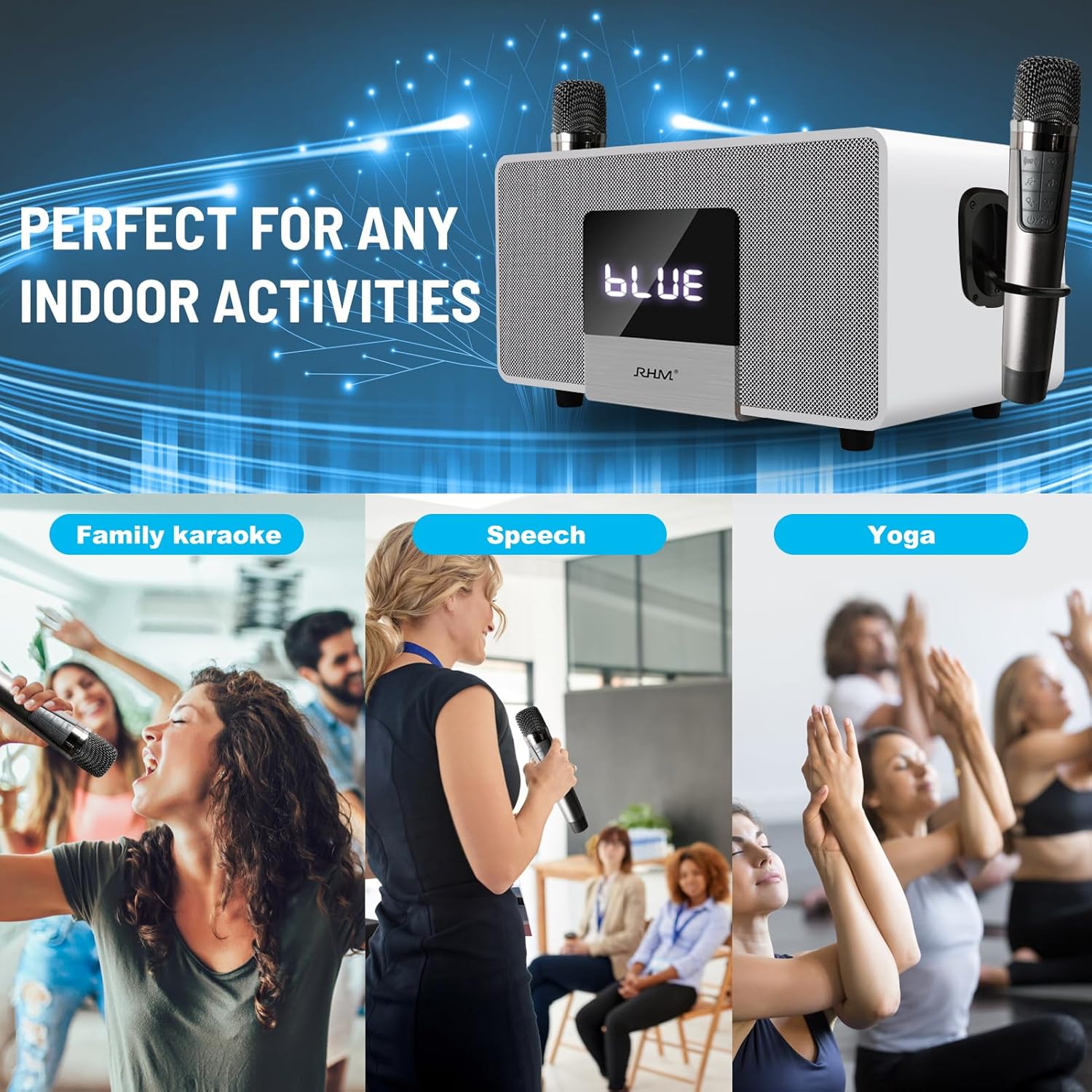 RHM K222 Karaoke Machine, Connect to TV via Optical or Bluetooth, with Powerful Sound, Deep Bass, 2 UHF Wireless Mics & 5 Music Modes, Support AUX/USB/PC, Wooden Karaoke Speaker for Home Party