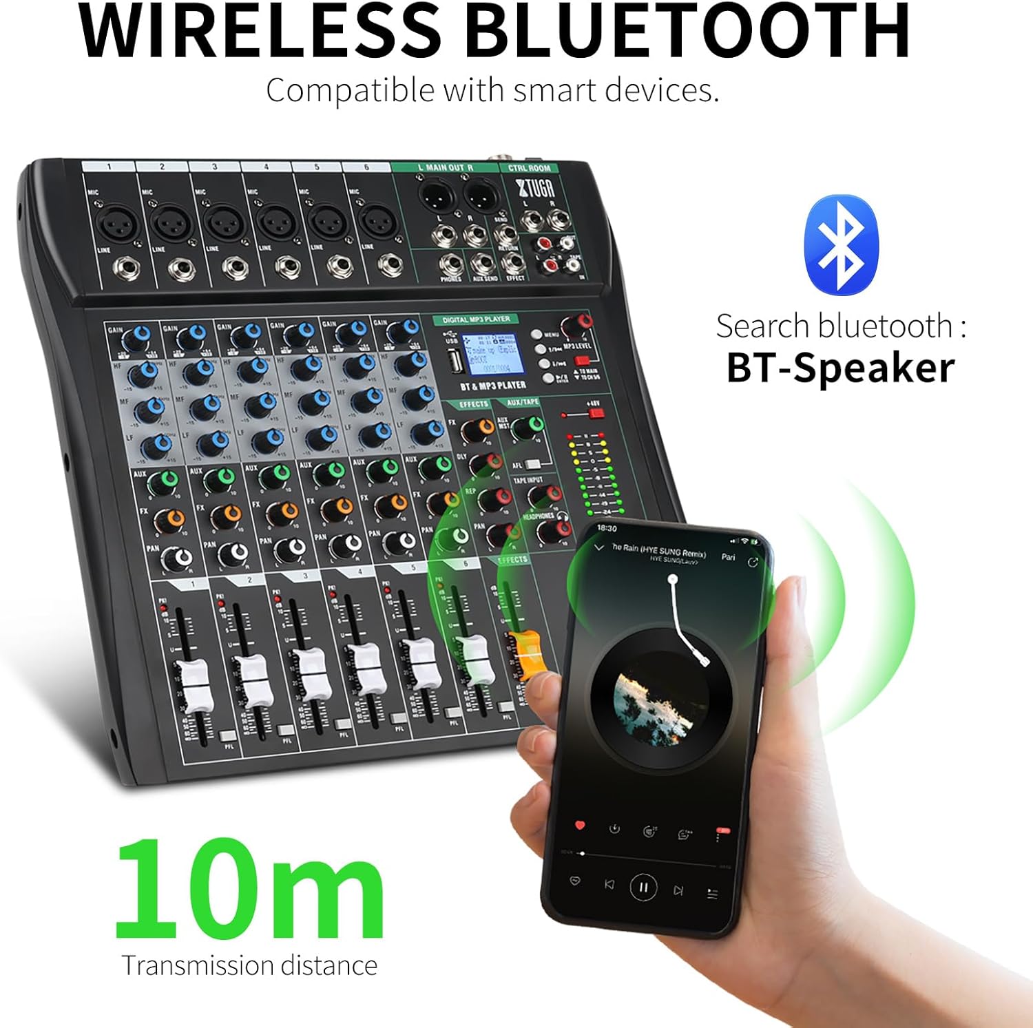 XTUGA Audio Mixer 6 Channel Sound Mixer Board, Audio Interface, Mixing Console for DJ Podcast Studio Karaoke Live Recording Equipment with 48V Phantom Digital Effect(CT60)