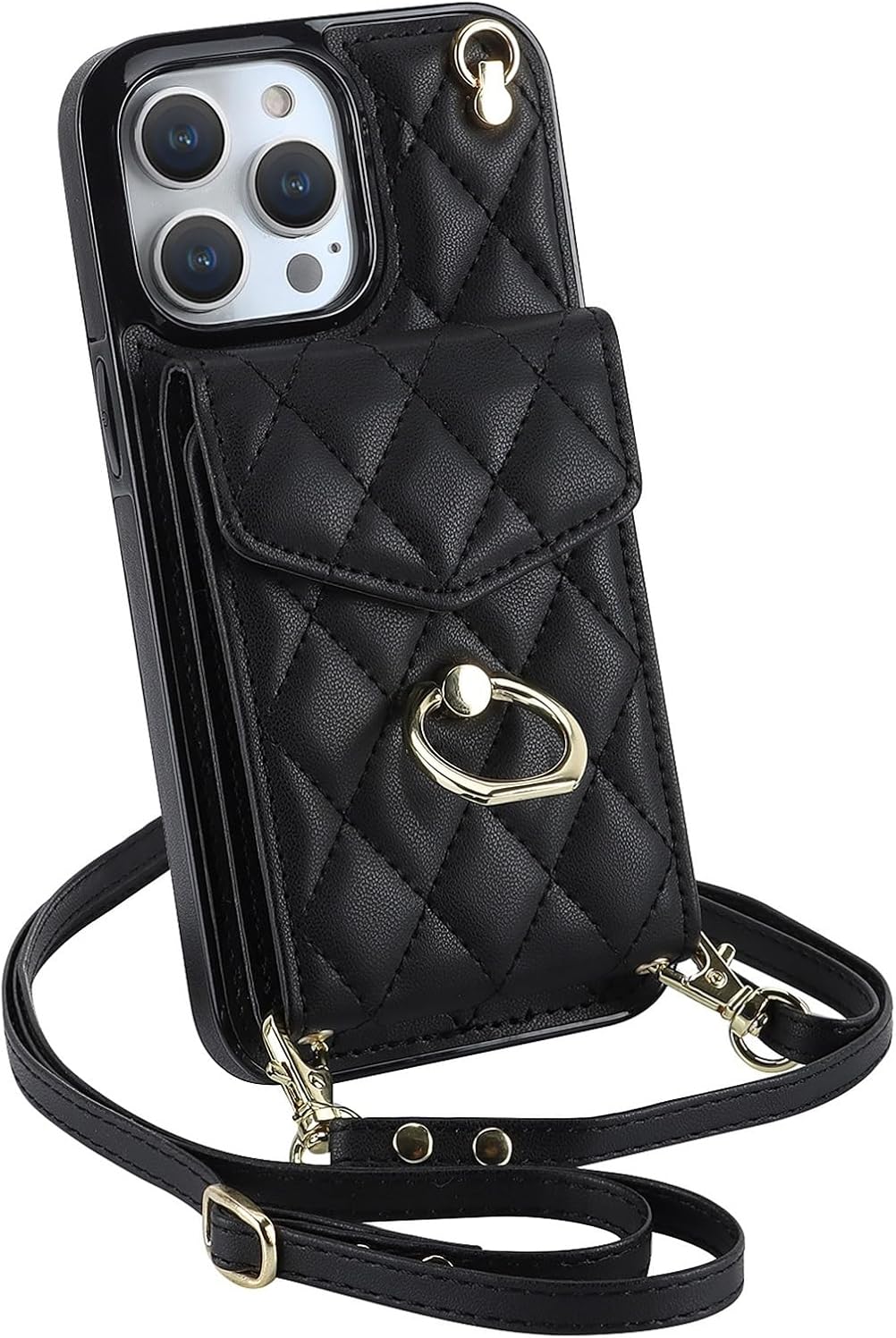 Case for iPhone 16 Pro Max/16 Pro/16 Plus/16, RFID Blocking Shell Cover Rotating Ring Case Adjustable Shoulder Stra Shell(Black,16)