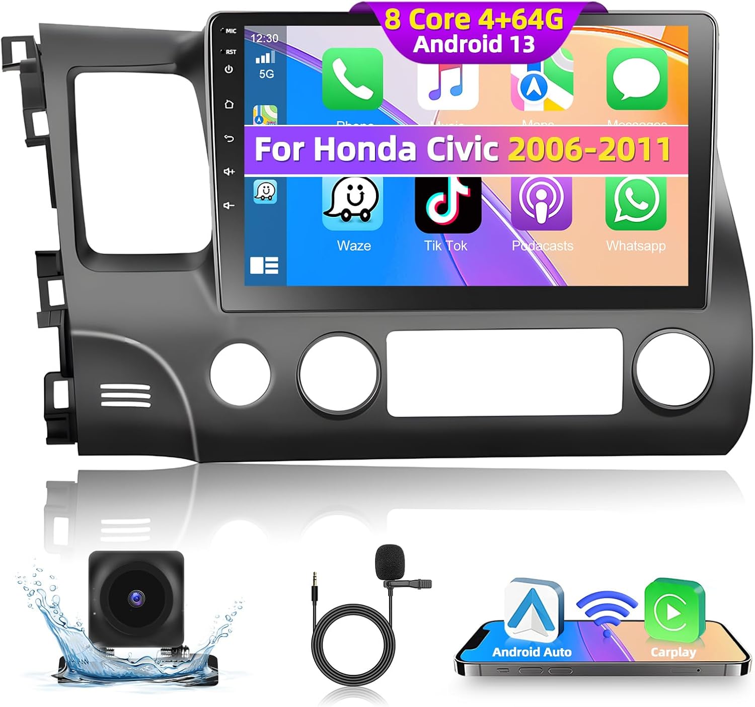 Podofo 8 Core 4+64G Car Stereo for Honda Civic 2006 2007 2008 2009 2010 2011 with Apple CarPlay Android Auto,10.1