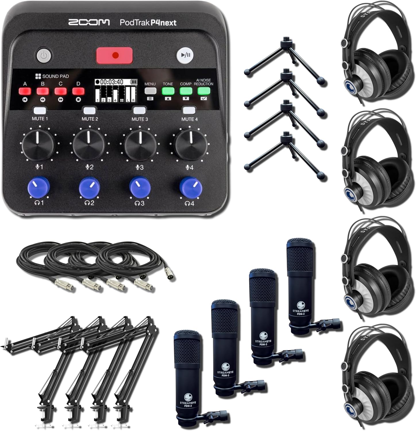 Zoom PodTrak P4next Audio Interface with 4x StreamEye PDM-3 Podcast Equipment Bundles and 4x Adjustable Microphone Boom Arms