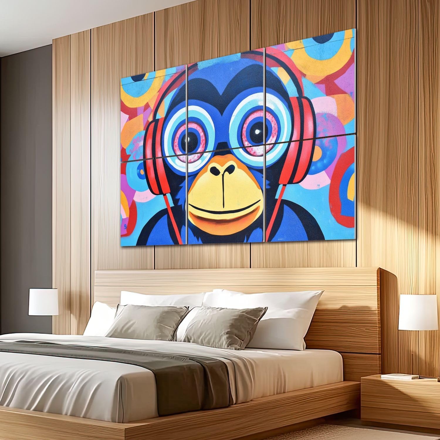 6 Pack Art Acoustic Panels Sound Absorbing Graffiti Monkey Headphones Street Pop Art Circular Patterns Large Eyes Decorative Soundproof Wall Panels Self Adhesive for Recording Studios Office 72