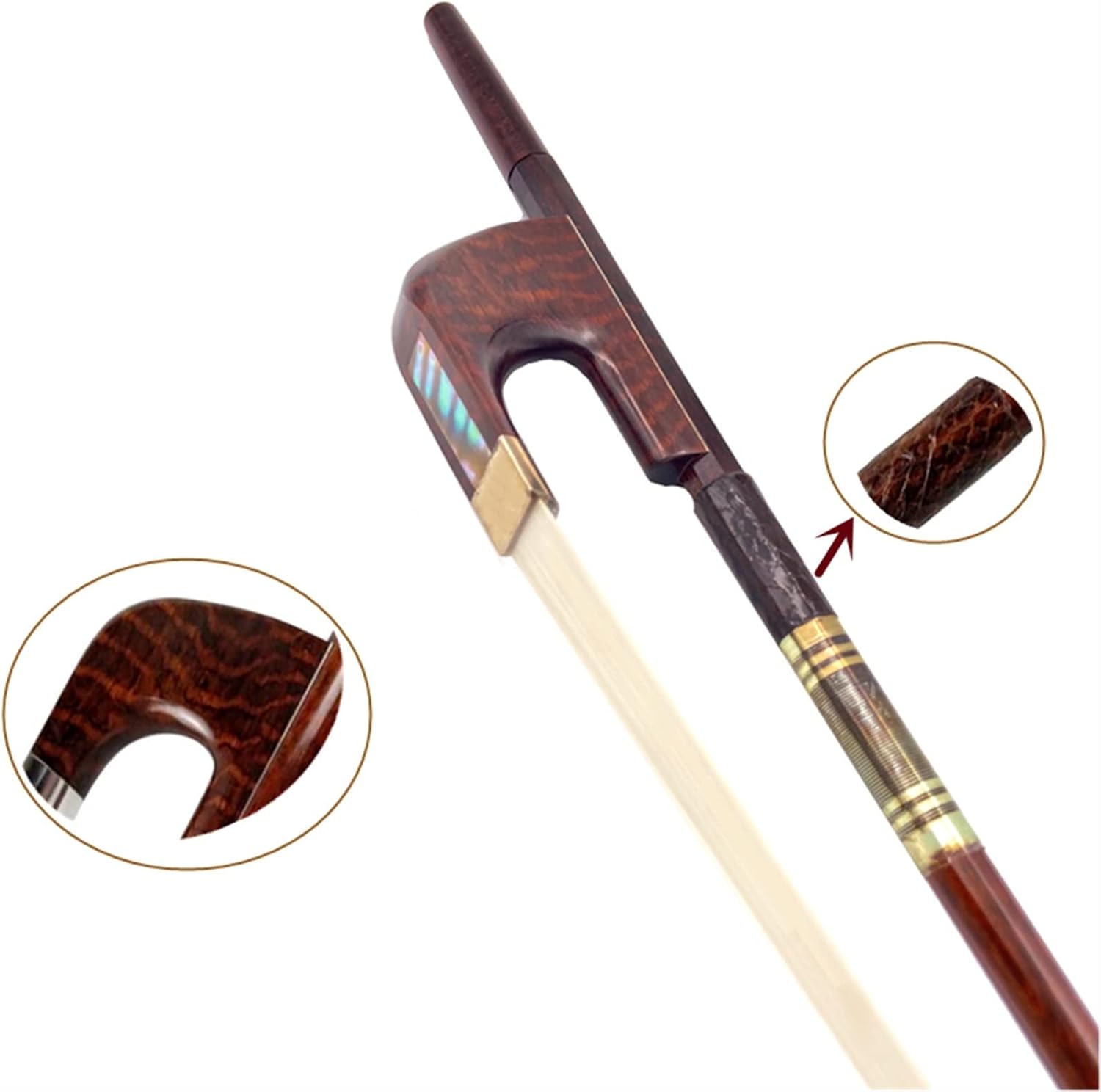 TSTS 1pcs Snakewood 3/4 Upright Bass Bow Copper Mounted Letterwood Frog White Horsehair Horsetail Full Size Violin Bow