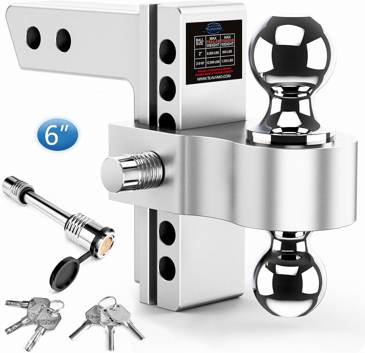 Adjustable Trailer Hitch, 6 Inch Drop Hitch Ball Mount (Fits 2-Inch Receiver), 12,500 LBS GTW, (2