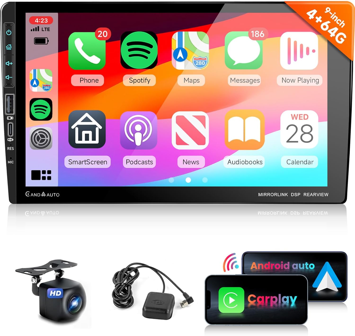 Hi-Res DSP 46EQ 8Core 4G 64G Double Din Car Stereo Radio with 9inch 1280x720P IPS Touch Screen,Wireless Carplay, Android Auto,Type-C&USB Port,Bluetooth 5.0,WiFi,GPS,59UIs,FM/RDS,AHD Backup Camera