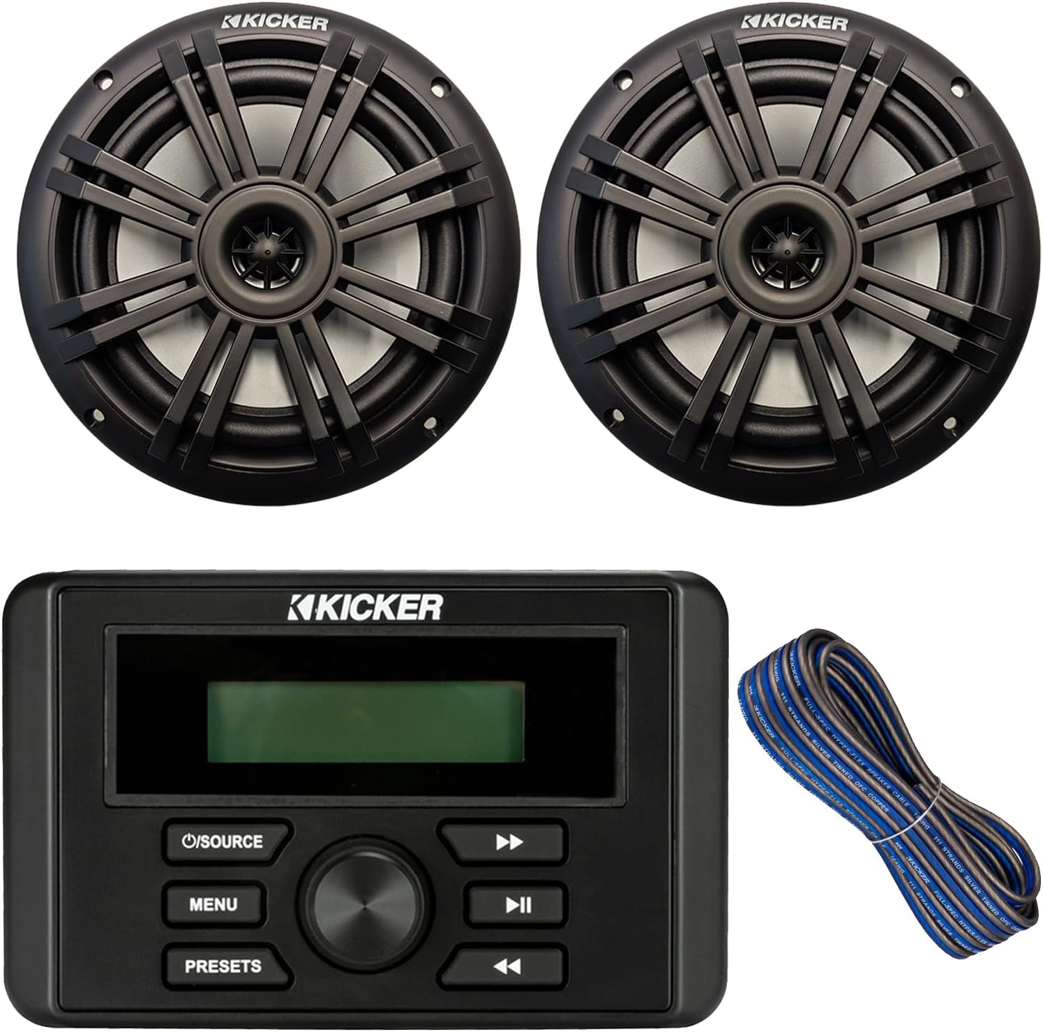 Kicker Weather-Resistant Marine Bluetooth USB AM/FM Stereo Receiver Bundle Combo with 1 Pair (Qty 2) of 6.5