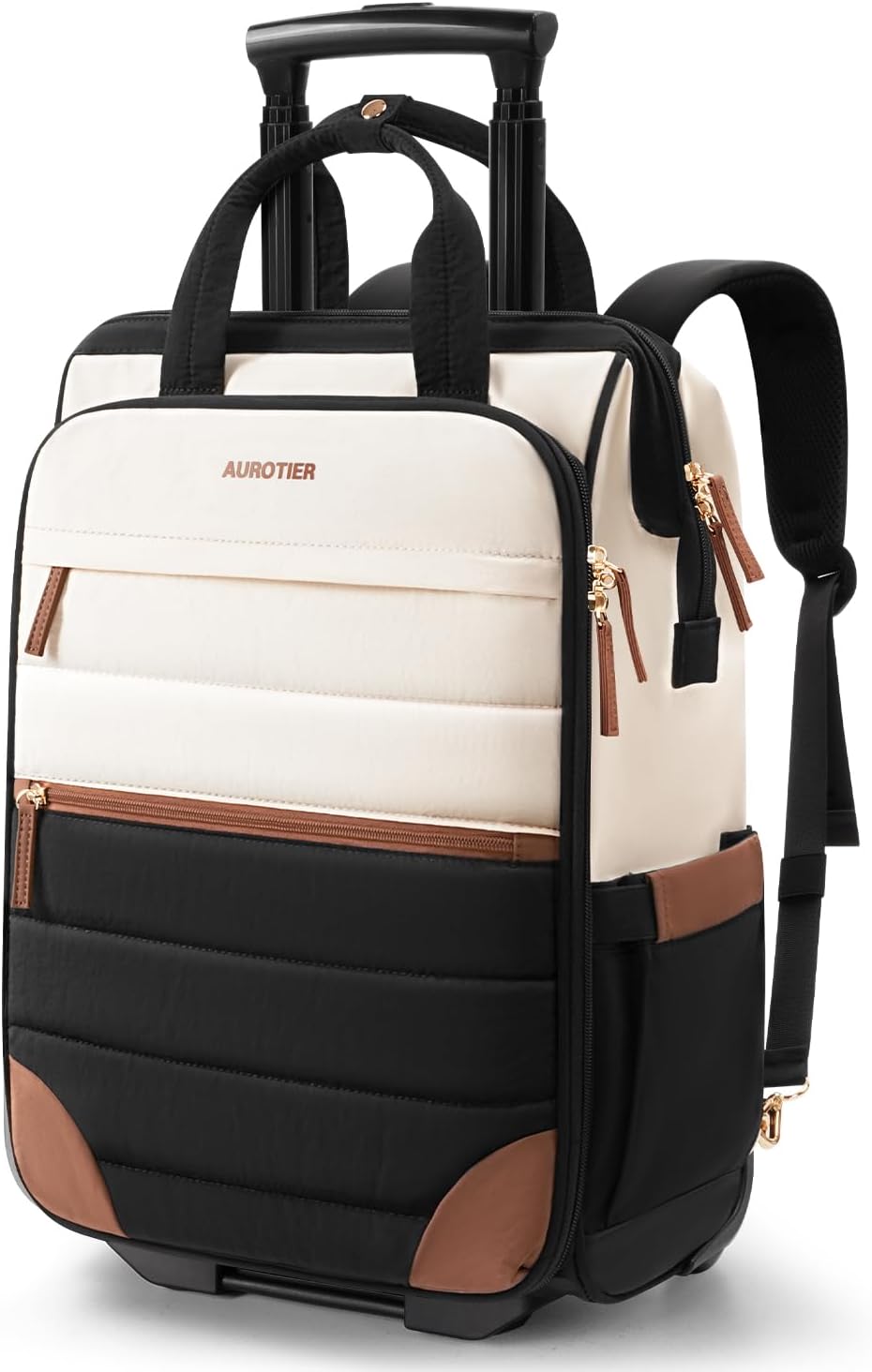 Rolling Puffer Backpack for Women, Travel Backpack with Wheels, 16 Inch Wheeled Laptop Backpack, Dual-Opening Design Overnight College Underseat Carry on Luggage, Roller Business Work Bag, Beige Brown