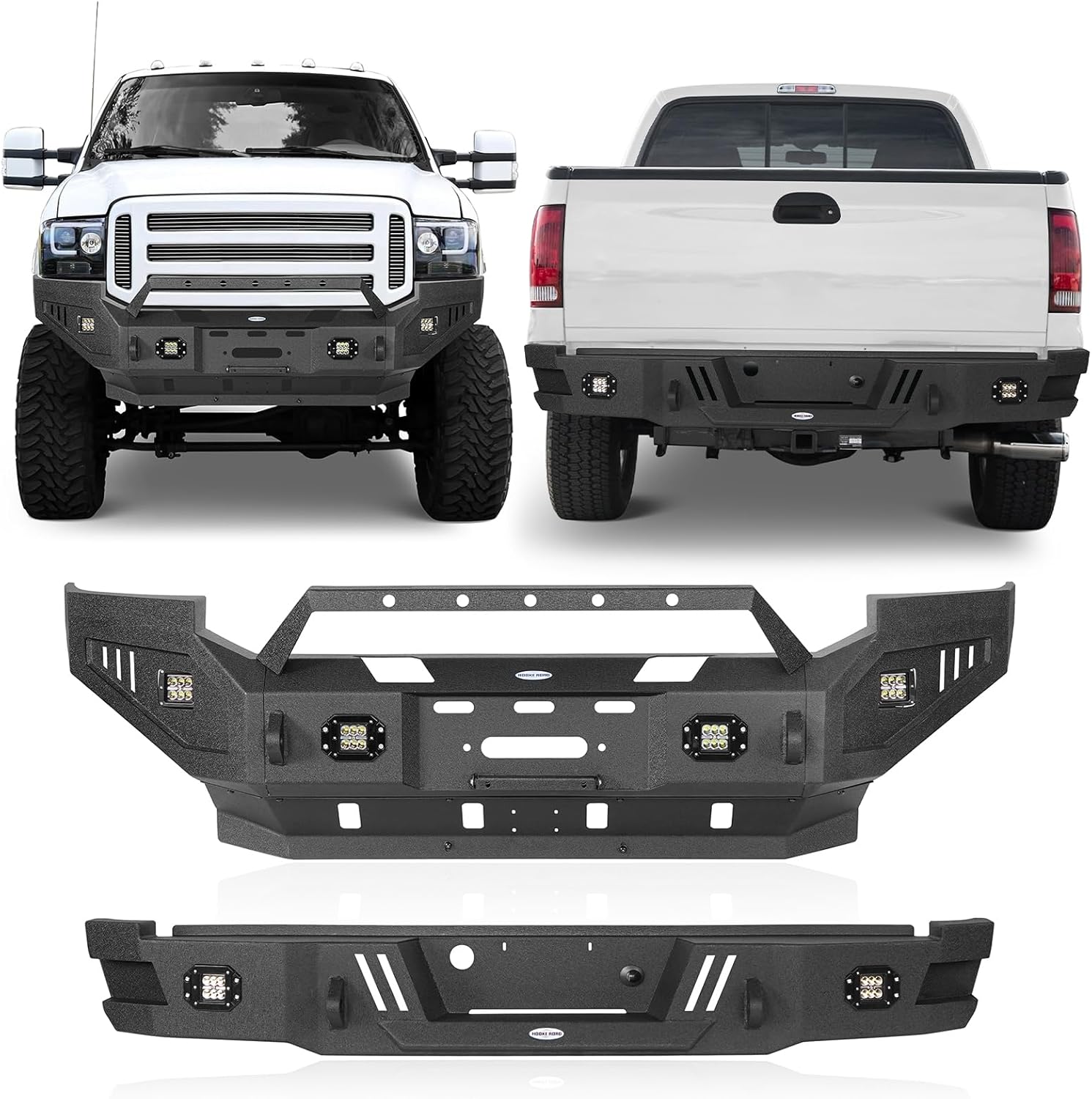 Hooke Road F250 F350 Front and Rear Bumper Set for 2005 2006 2007 Ford F-250 F-350 Super Duty Pickup Trucks (Exclude Diesel), Include Winch Plate & Front/Rear LED Lights