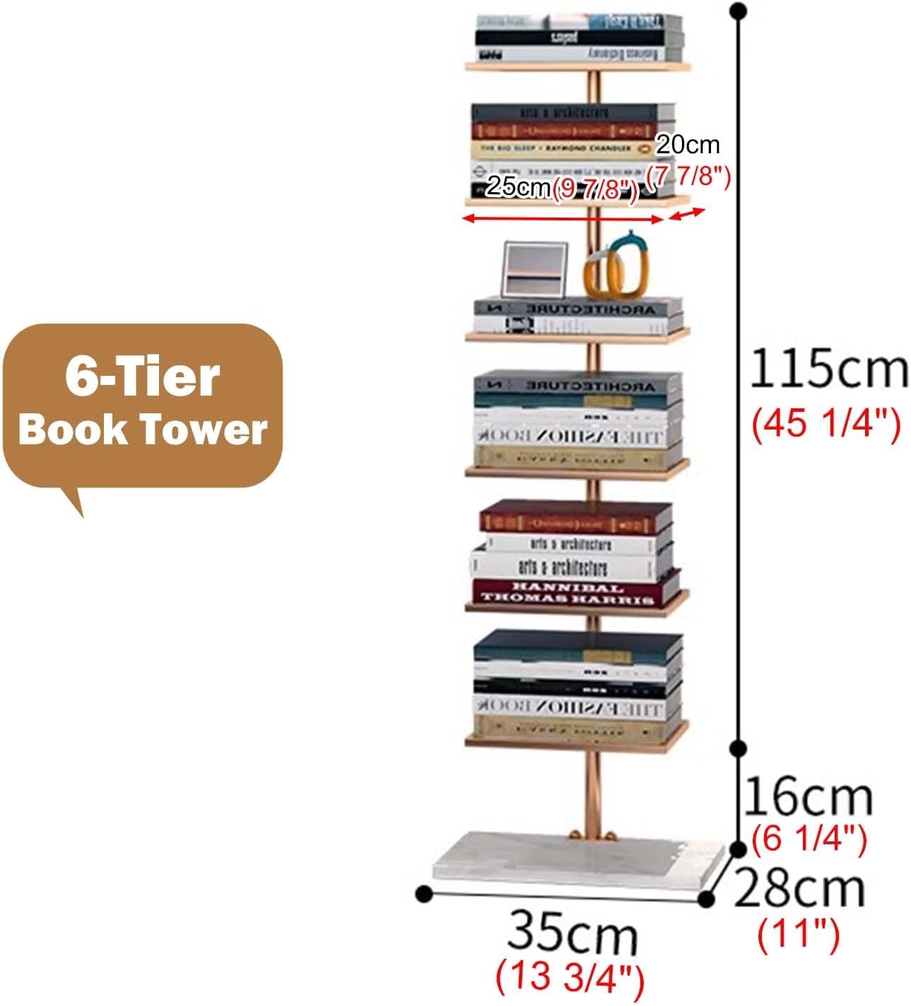 Tall Vertical Spine Book Tower, Space Saving Corner Bookshelf, Multipurpose Storage Rack Book Organizers, Floating Book Shelves Floor Standing(Gold,6-Tier 115cm (45