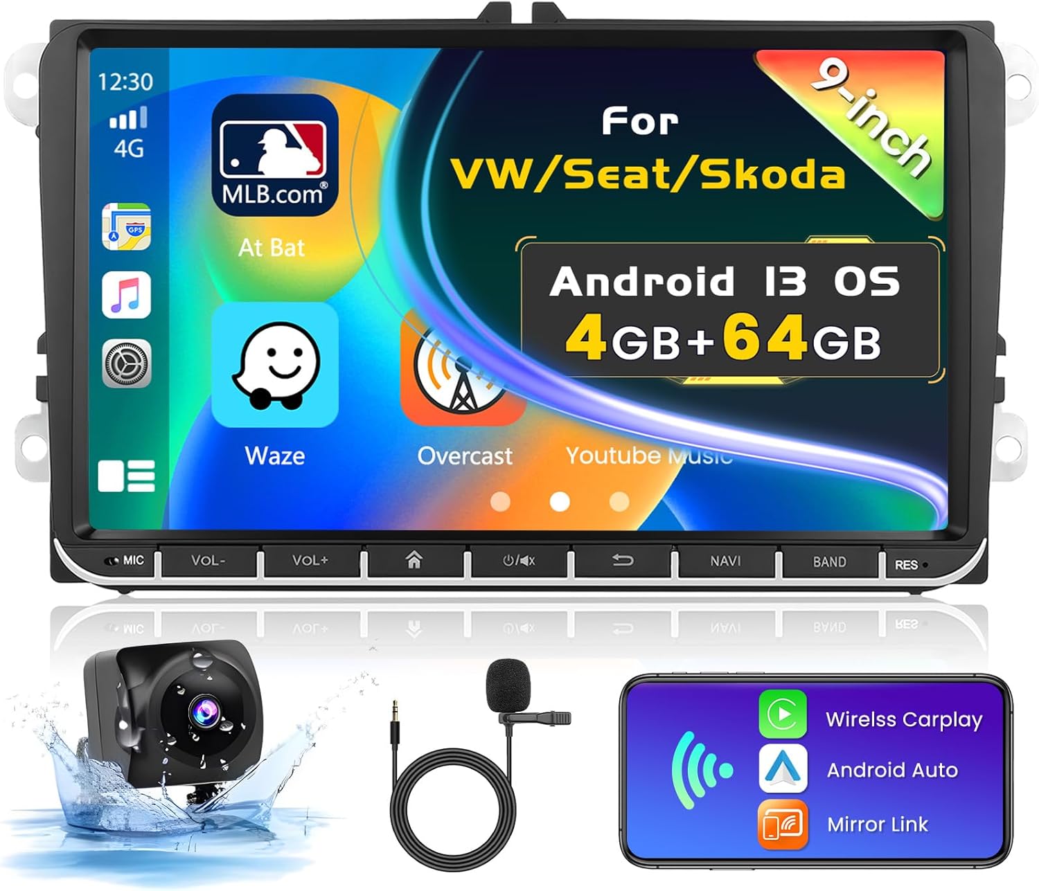 [4+64GB] Android 15 Car Radio for VW Polo Golf Caddy Touran Passat Seat with Wireless Carplay Android Auto, 9 Inch HD Touchscreen Car Stereo with WiFi GPS Bluetooth FM/RDS 32EQ SWC