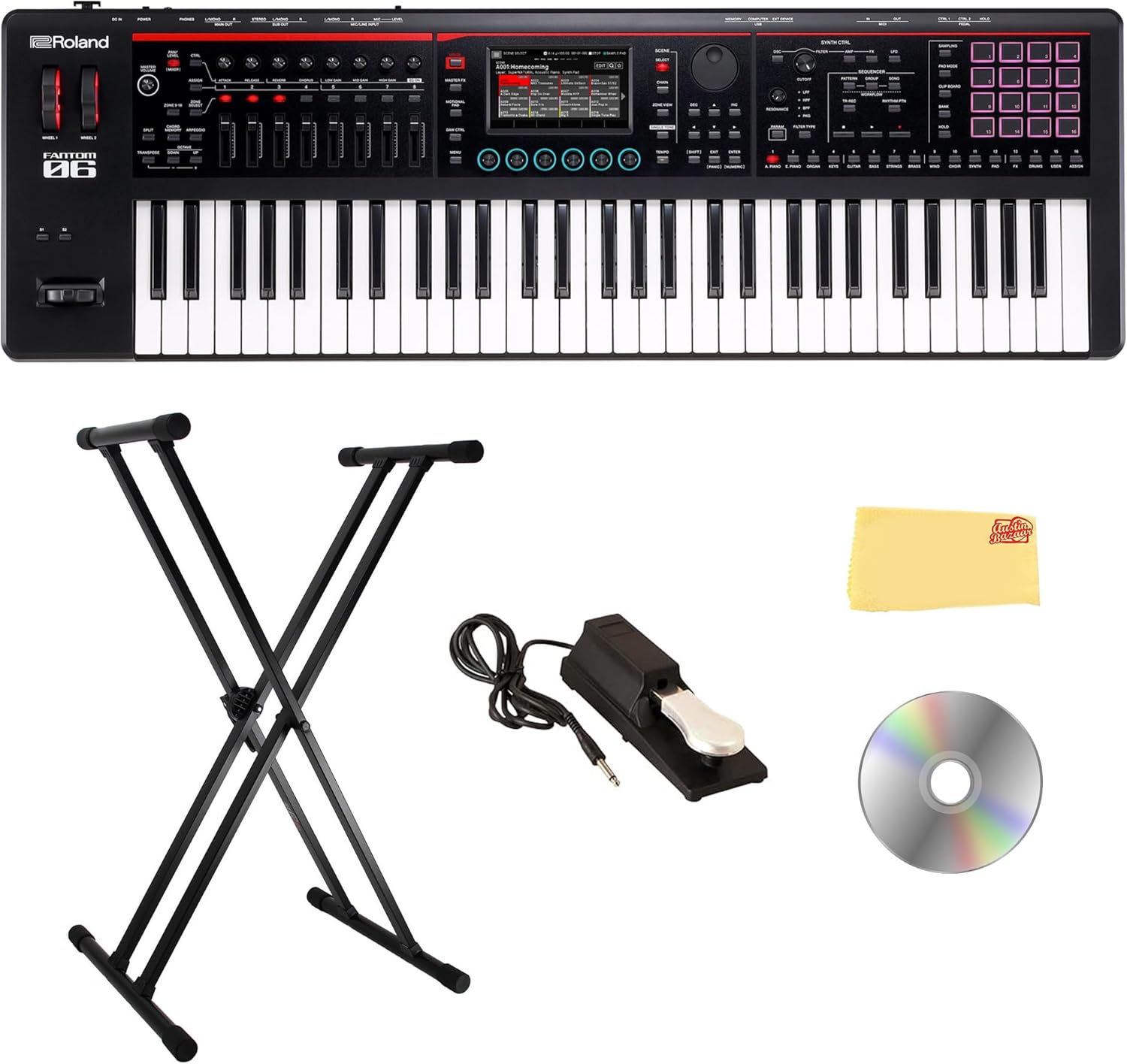 Roland Fantom-06 Synthesizer Keyboard Bundle with Double Braced X-Style Keyboard Stand, Sustain Pedal, Online Piano Lessons, Instructional DVD, and Austin Bazaar Polishing Cloth