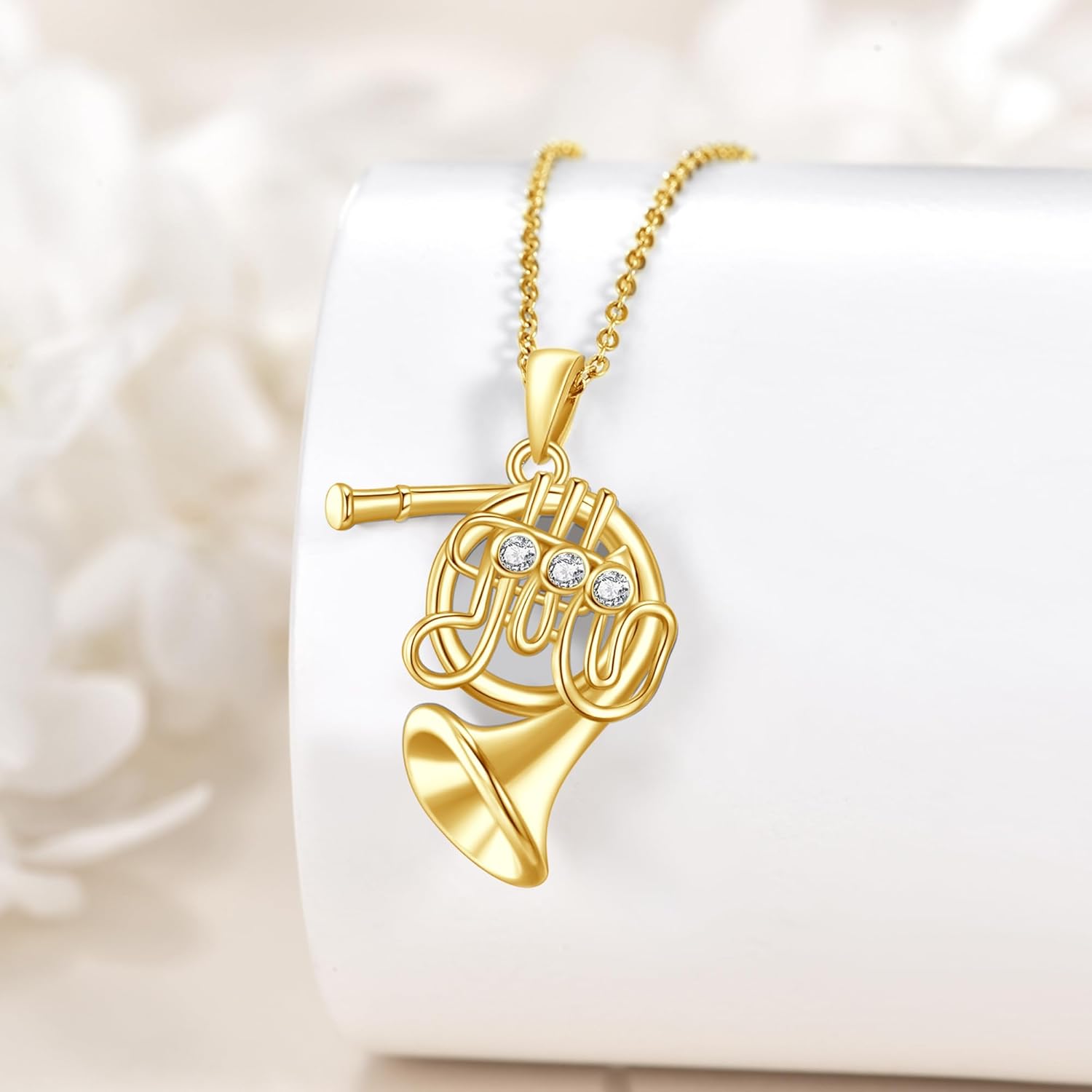 GEHN 14K Solid Gold French Horn Necklace Musical Instrument Pendant 14K Real Gold French Horn Jewelry Gifts for Women