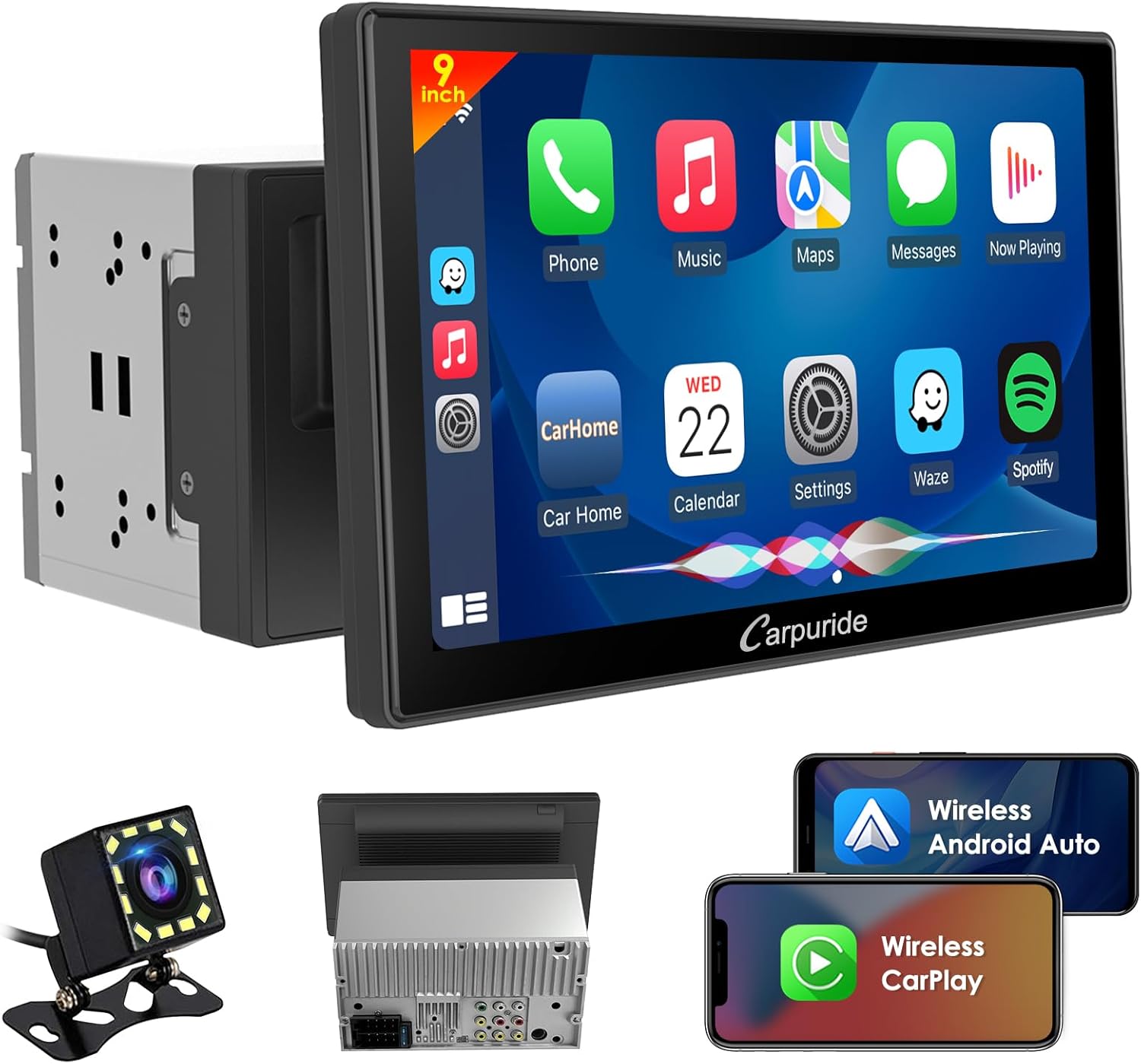 Carpuride YT09S IPS Double Din Car Stereo Radio Screen for Apple CarPlay and Android Auto, 9