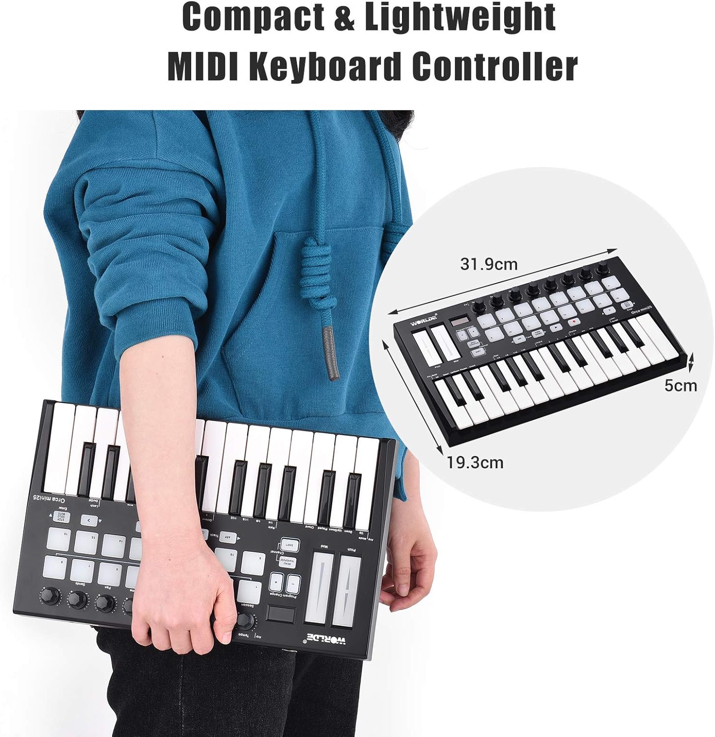 25 Portable 25-Key USB MIDI Keyboard Controller with 16 RGB Backlit Trigger Pads 8 Assignable Control Knobs