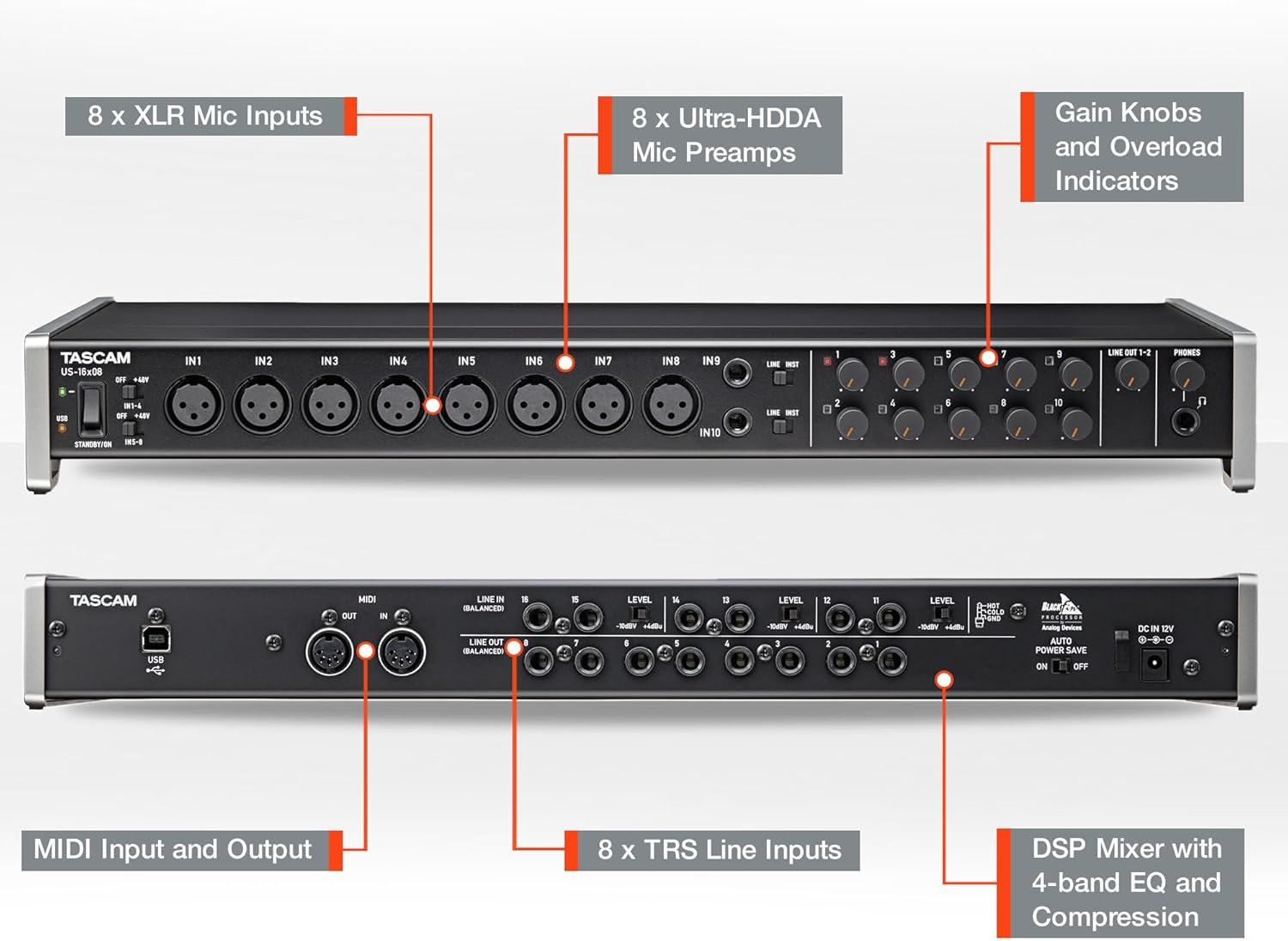 Tascam US-16x08 Rackmount USB Audio/MIDI Interface for Recording, Drum Recording, 8 XLR/8 1/4