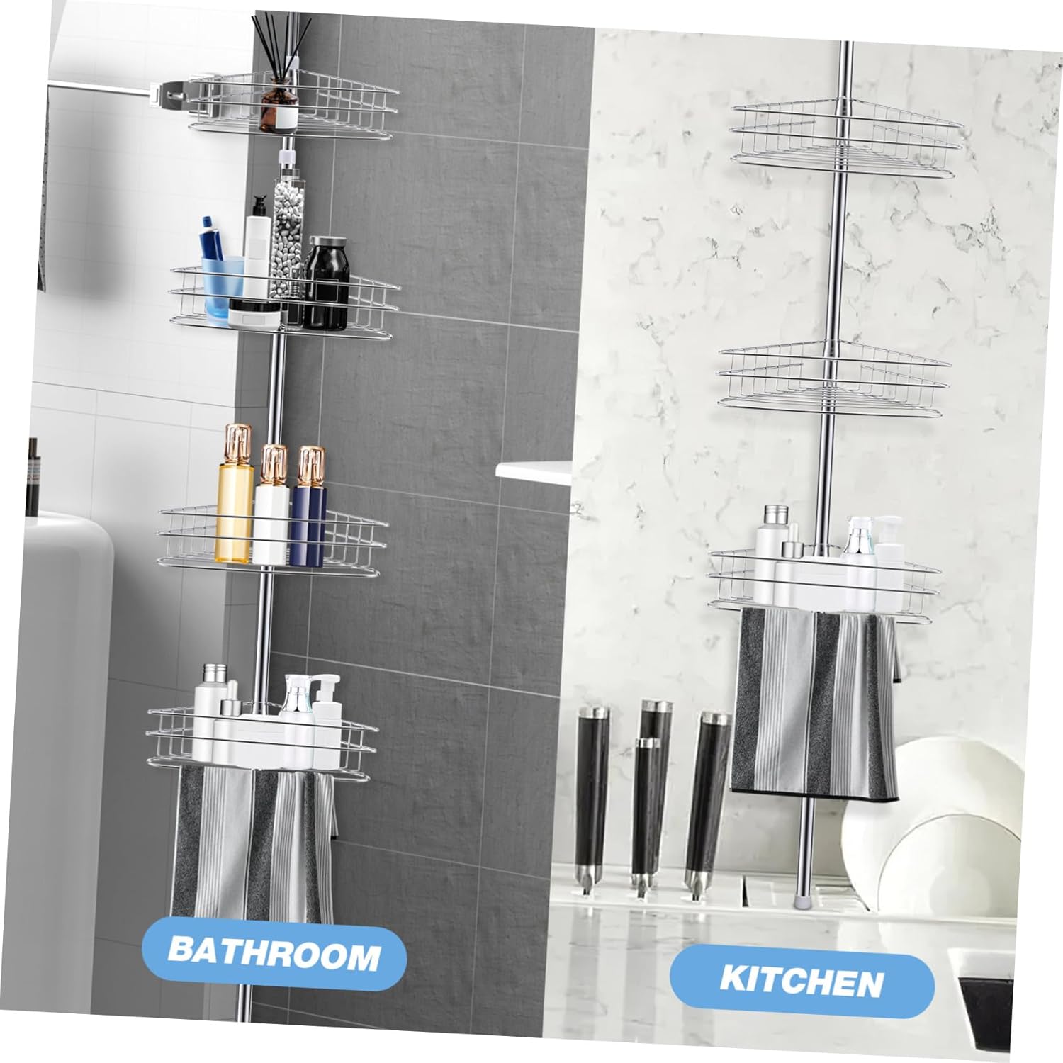 Cabilock 4tier Telescoping Corner Shower Rack Tension Pole Organizer for Bathroom No-Drill Easy Installation Rustproof with Quick Drying Baskets Storage