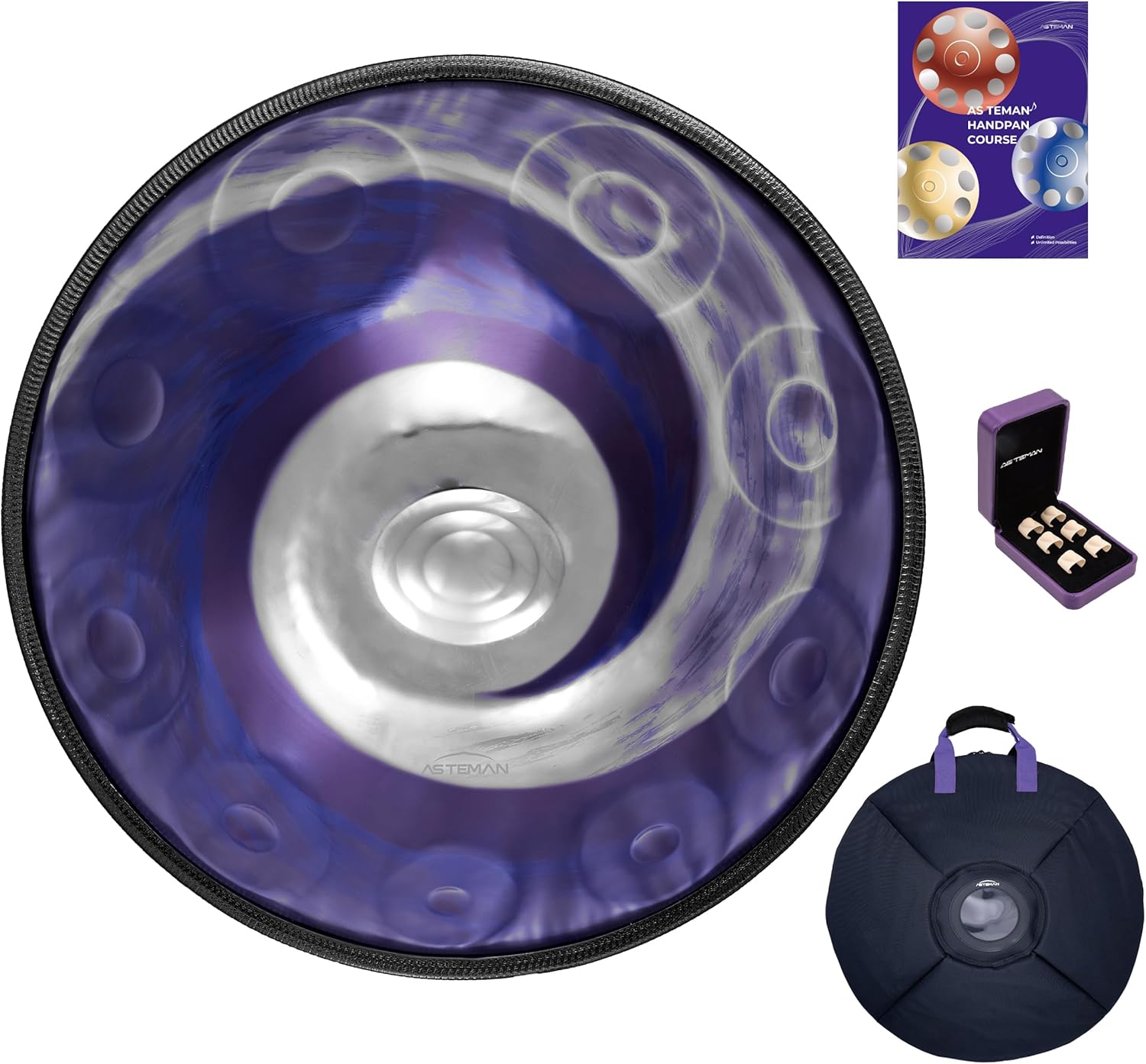 ASTEMAN Handpan in D Minor,432hz, 22 inches with 10 notes, comes with a backpack, courses, finger sleeves, stand, cleaning cloth, and two mallets.