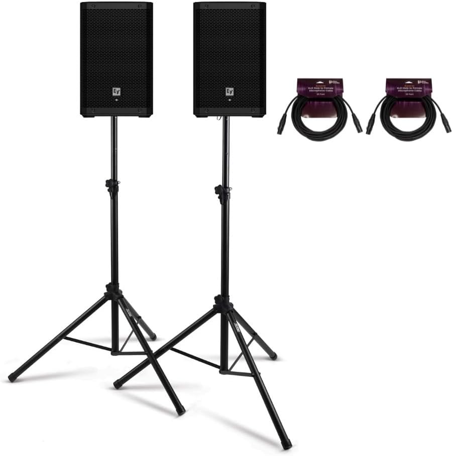 Electro-Voice ZLX-8P-G2 8-Inch 2-Way Powered Loudspeaker with Bluetooth (Black, 2-Pack) Bundle with All-Aluminum Speaker Stand Pack and 25-Feet XLR Male to Female Microphone Cable (2-Pack) (5 Items)