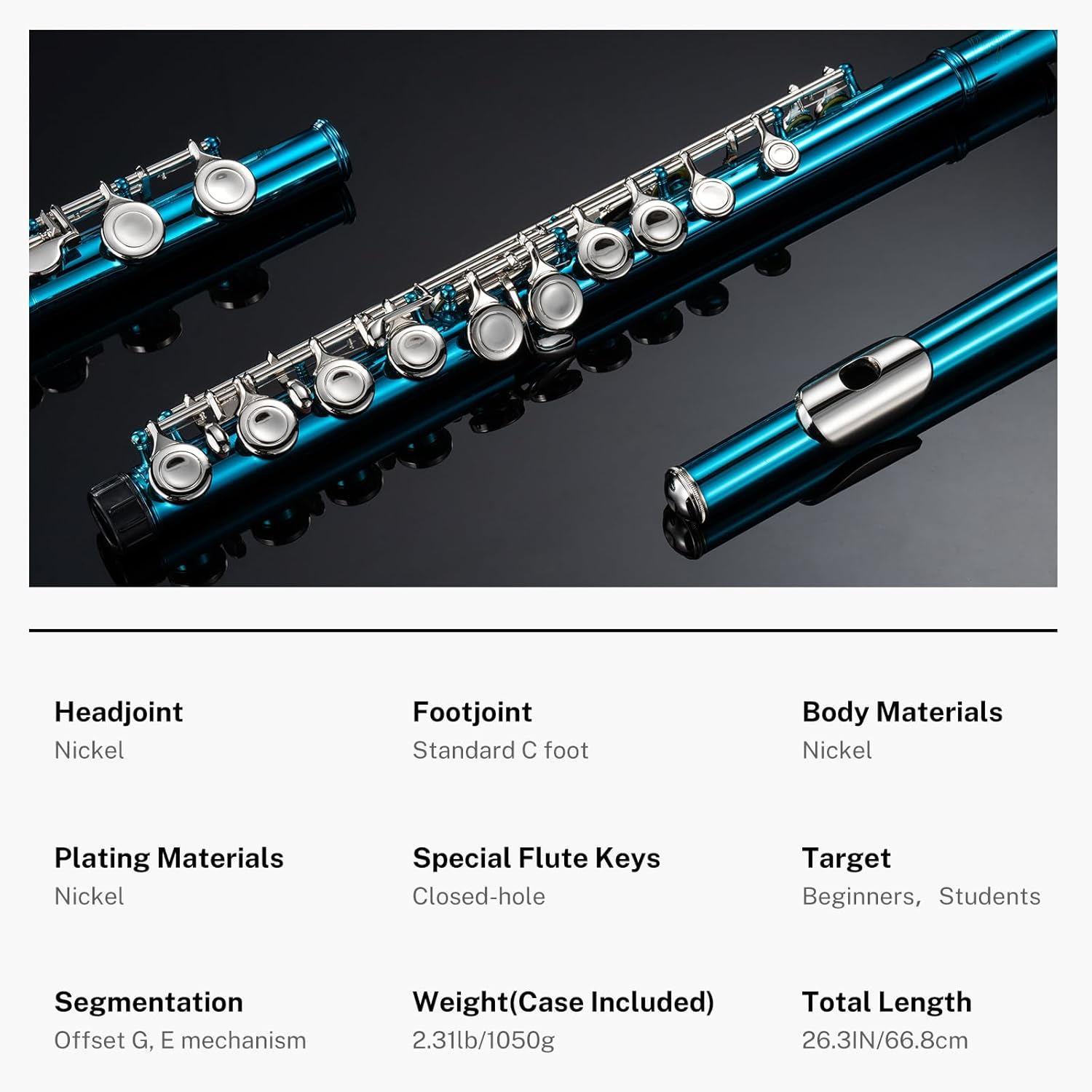 Flutes, Closed Hole C 16 Keys Flute Instrument, Student Flute for Beginner School Orchestra Band, with Cleaning Kit, Carry Bag, Strap, Probe Rod, Gloves (Sky Blue)