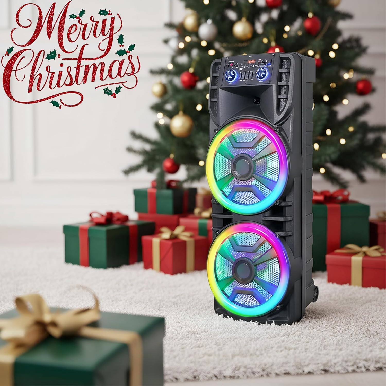 Dual 12’’ Wireless Party Bluetooth Speaker with Microphone, Remote, Portable PA Speaker System, RGB LED Party Lights, Karaoke Machine with Treble & Bass, FM/AUX/USB/TF/TWS/Echo