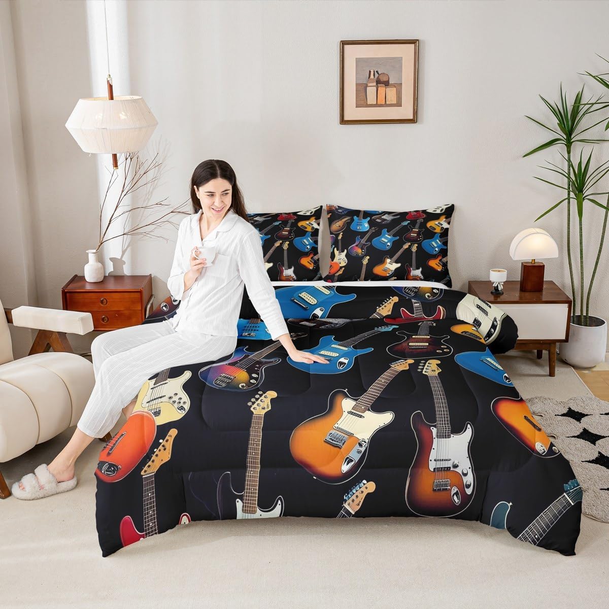 Manfei Electric Guitar Comforter Set King Size 3 Pcs,Colorful Bass Guitars Music Lovers Bedding Set,Rock Music Theme Quilt Set for Adults Bedroom,2 Pillowcases