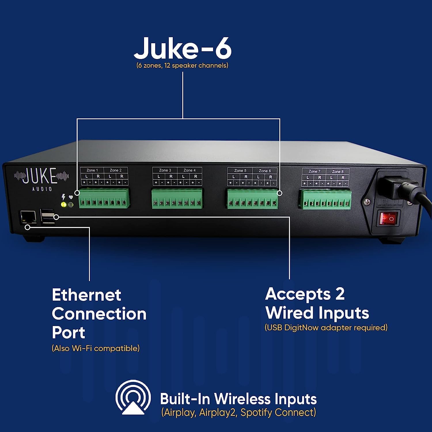 JUKE AUDIO | 6 Zone Amplifier with 12 Ceiling Speakers | Multi-Room Audio Package
