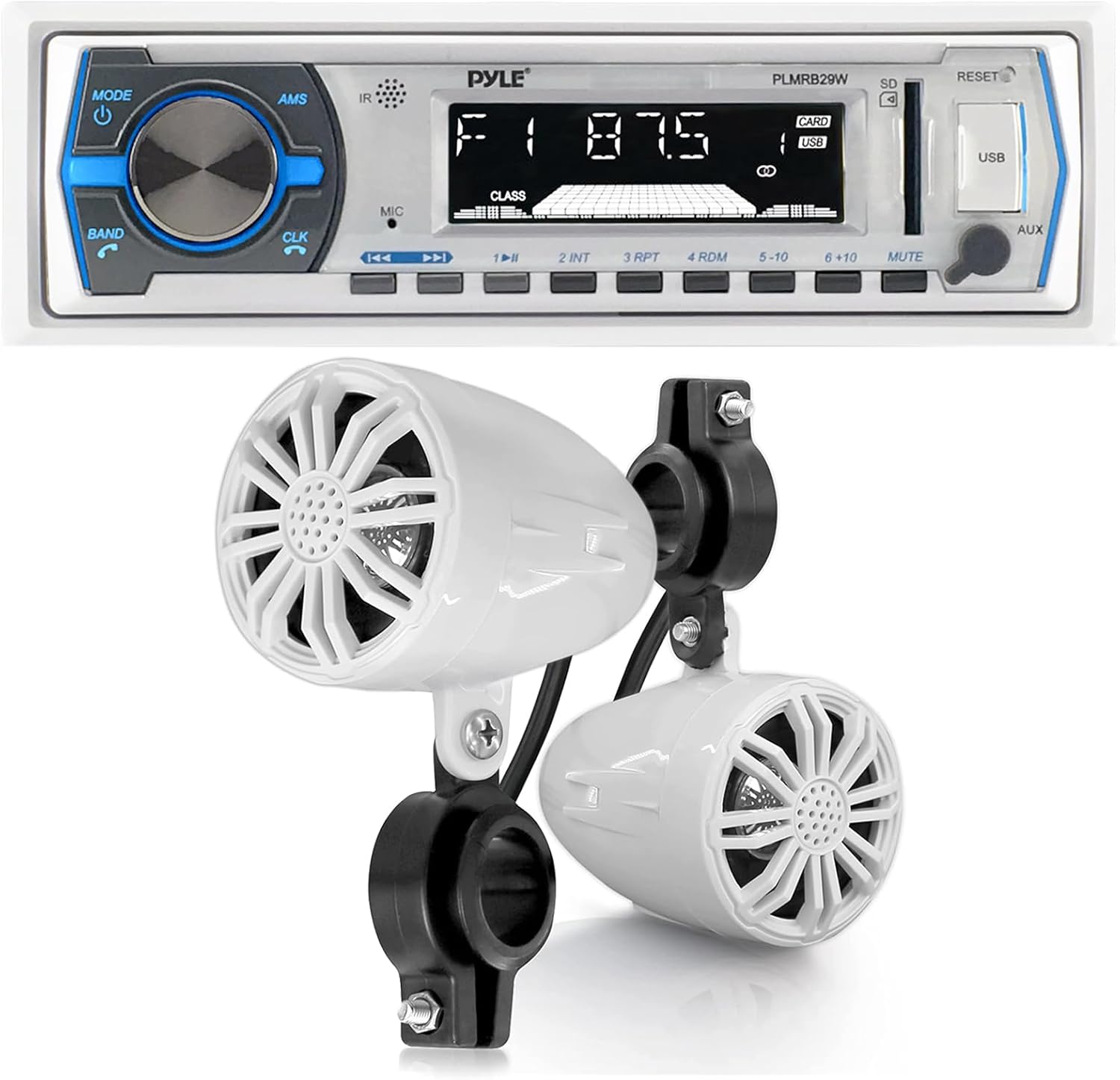 Pyle PLMRB29W Single Din Bluetooth USB/AUX/MP3 Marine Stereo Receiver w/Remote Control (White) with Pyle PLMR22WT 2.25