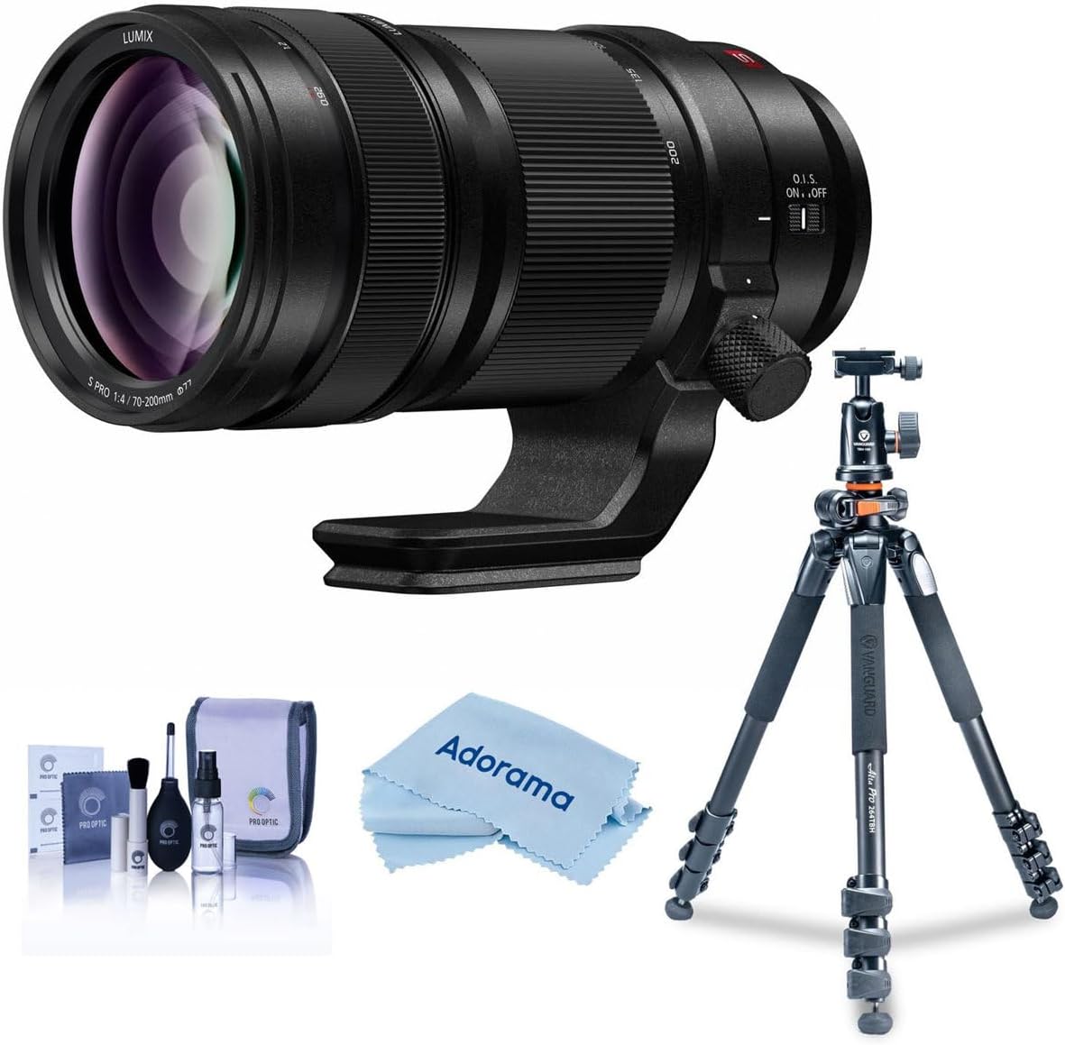 Panasonic LUMIX S PRO 70-200mm f/4 O.I.S. Lens for L Mount, Bundle with Takama 3-Section Aluminum Video Tripod with Fluid Head, Cleaning Kit, Cleaning Cloth