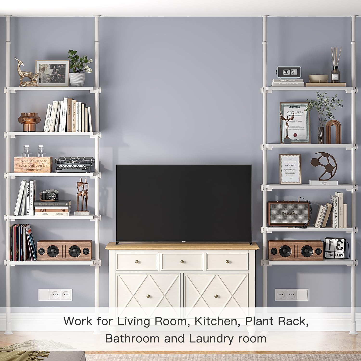 ALLZONE 5 Tiers Narrow Bookshelf, Tall Adjustable Ladder Book Shelf with Open Storage, Floor to Ceiling Tension Mount, Wooden Industrial Bookcase for Living Room, 92 to 116 Inch, White