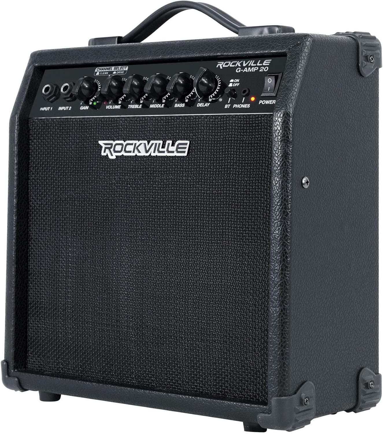 Rockville G-AMP 20 Bundle: 20 Watt Dual Input Guitar Amplifier Combo with Bluetooth and Delay, PRO-M50 Studio Headphones with Case and Extra Ear Pads, 2-Items