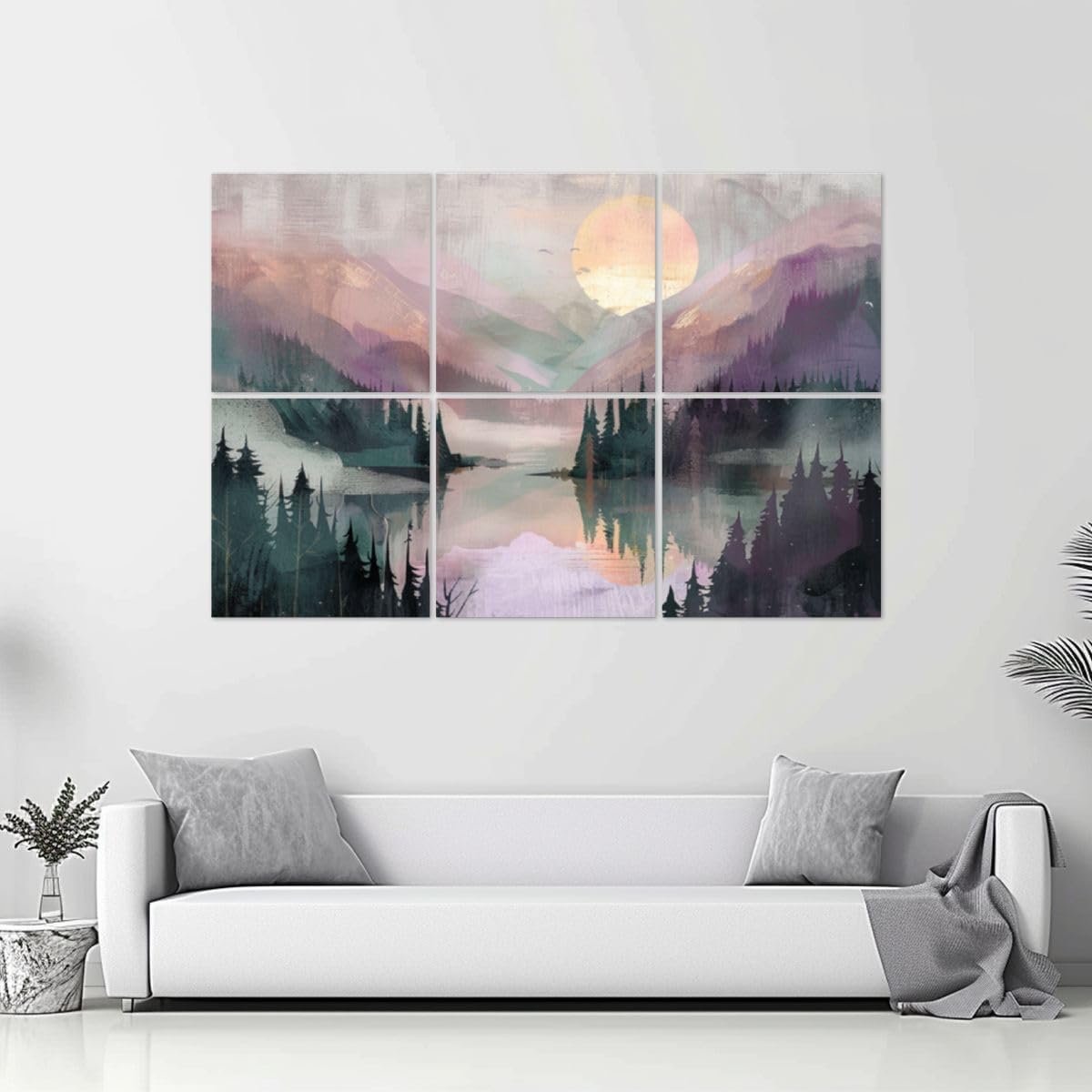 6 Pack Art Acoustic Panels Rustic Dawn Landscape Muted Pink Purple Green Soundproof Wall Panels, 48