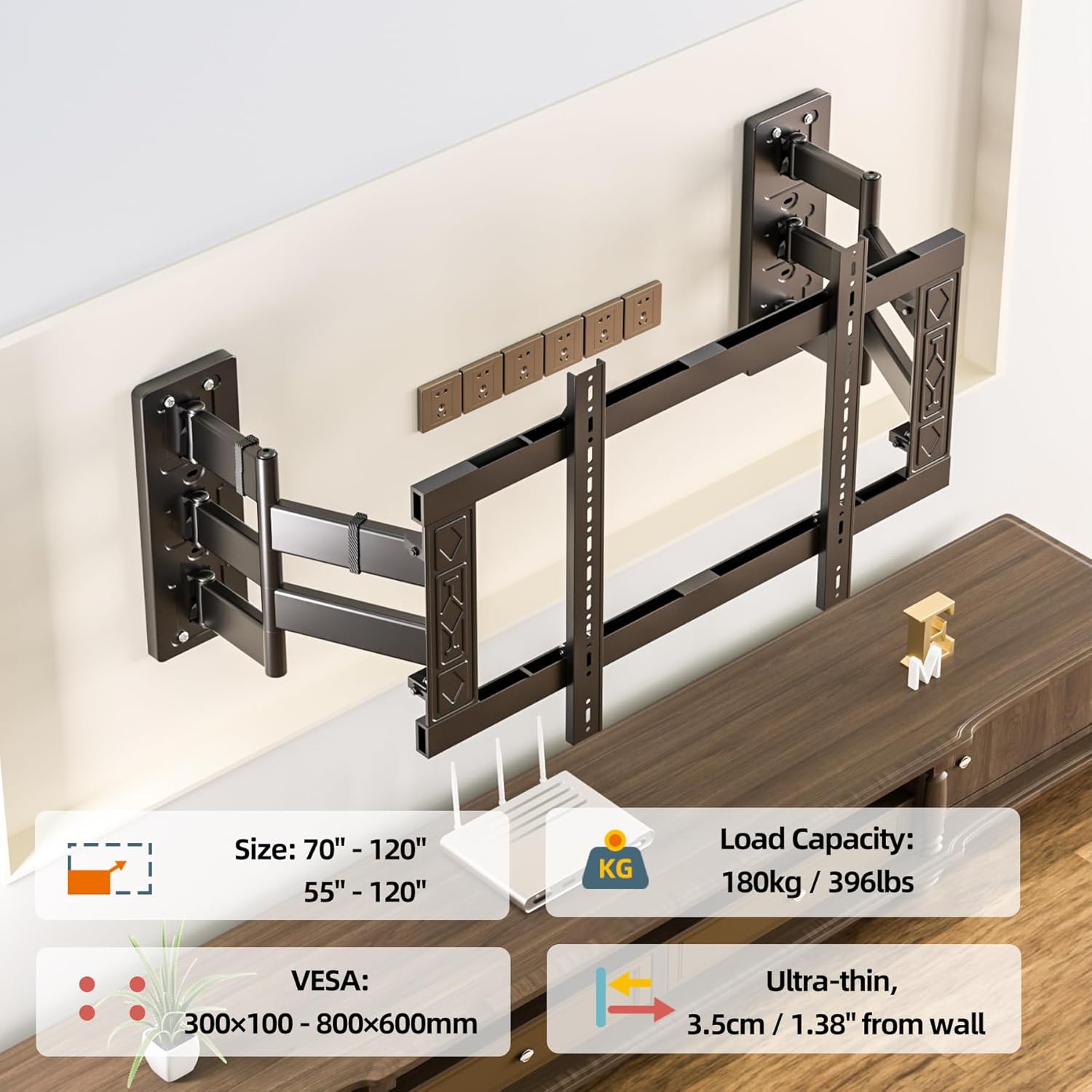 Corner Full Motion TV Wall Mount for 70,75,85,86,98,100,110,120 Inch TVs, Heavy Duty Ultra-Thin Tilt Extension Adjustable TV Bracket,VESA 300x100 to 800x600,Holds up to 396 lbs,DY886