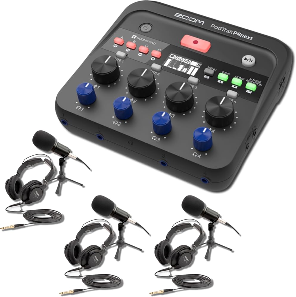 Zoom PodTrak P4next Audio Interface with 3x ZDM-1 Podcast Microphone Packs
