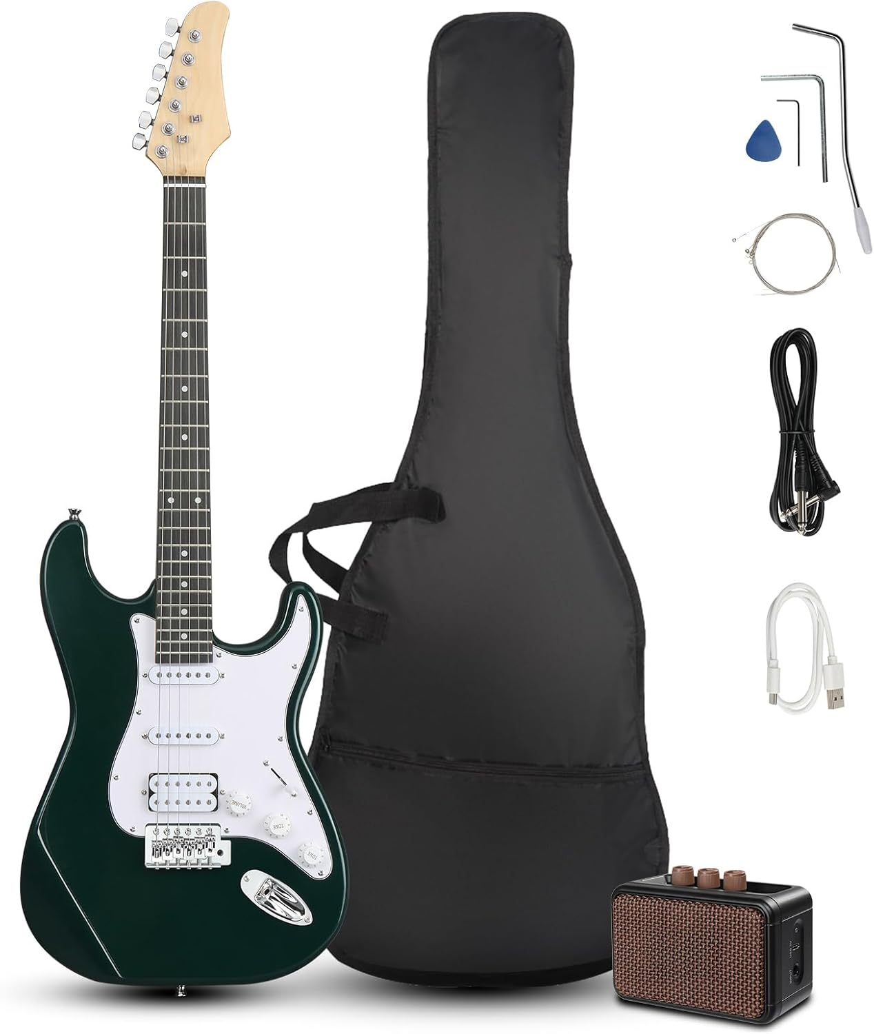 Ktaxon Full Size Electric Guitar Kit with AMP, 6 String HSS Pickups Solid-Body 39 Inch Electric Guitars Set for Beginner & Adults W/Gig Bag, Strap, Extra Strings, Green