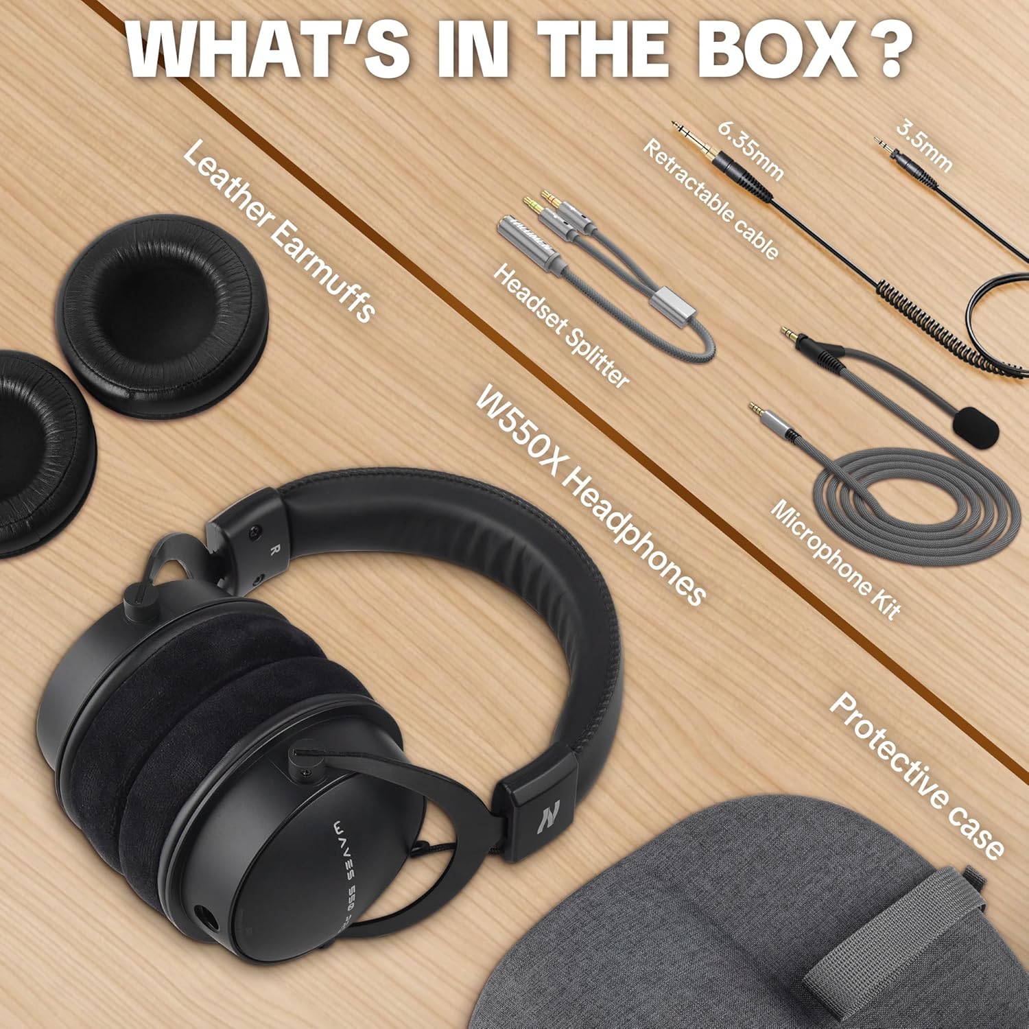 Studio Monitor Headphones for Recording, Professional Over Ear Wired Headset with Detachable Cardioid Dynamic Boom Microphone, Streaming Equipment for Media, Broadcast, Podcasting, Black-W550X