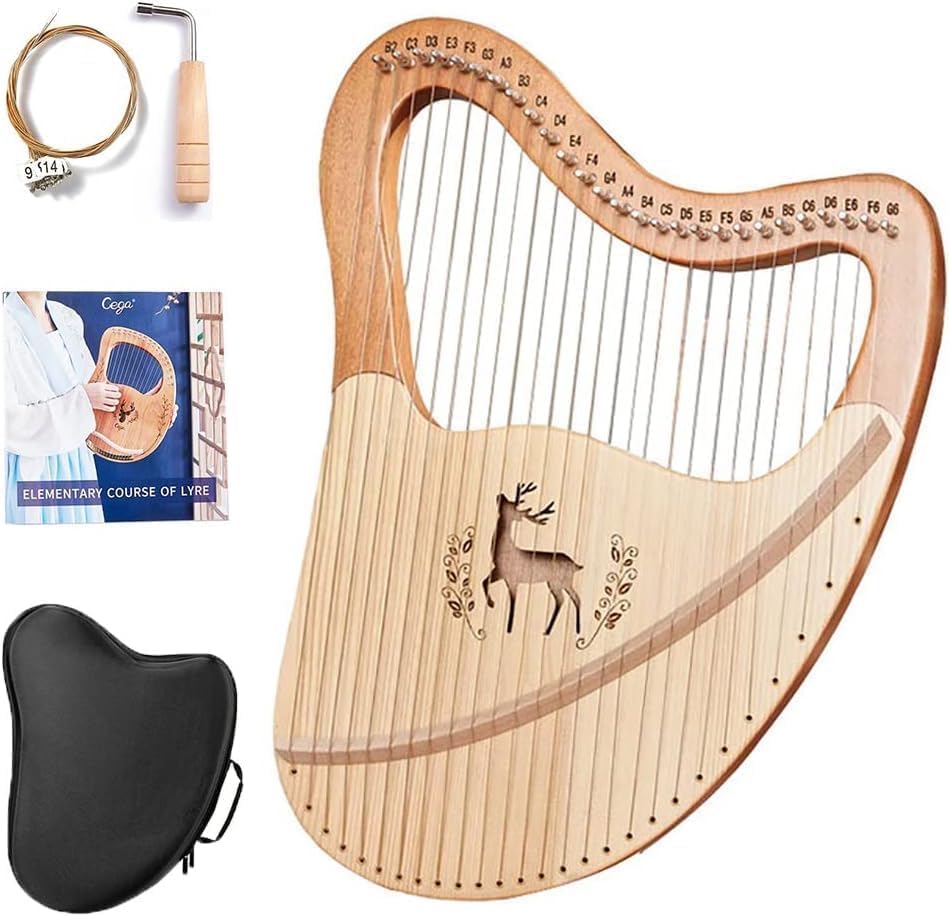 Wooden Lyre Harp Metal Strings Melody Mahogany Lyre Harp Instrument with EVA Bag, Tuning Wrench, Spare Strings, English Manual, Gift for Beginners Music Lovers Adult (21 Strings)
