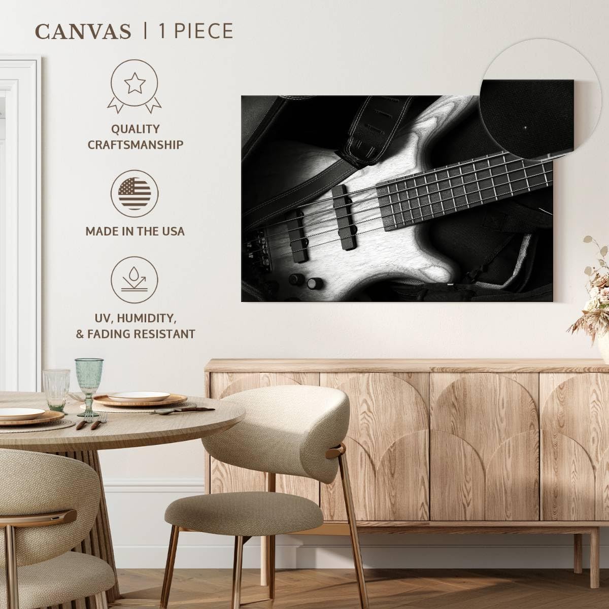 ElephantStock - Monochromatic Bass Guitar Wall Art - Horizontal Canvas Wall Art - Living Room Wall Decor - Photography Music Canvas Art - Black And Gray Decor - 51