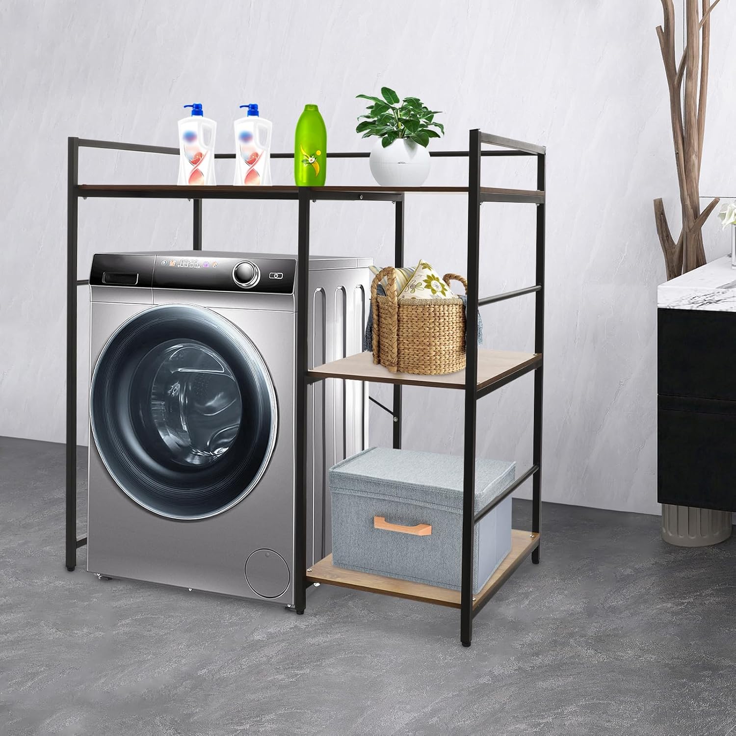 3-Tier Washing Machine Storage Shelf, Heavy-Duty Laundry Room Storage Organizer with 3 Shelves and Footpads, Bathroom Washer Dryer Storage Shelf for Placing Drum Washing Machines, Dryers