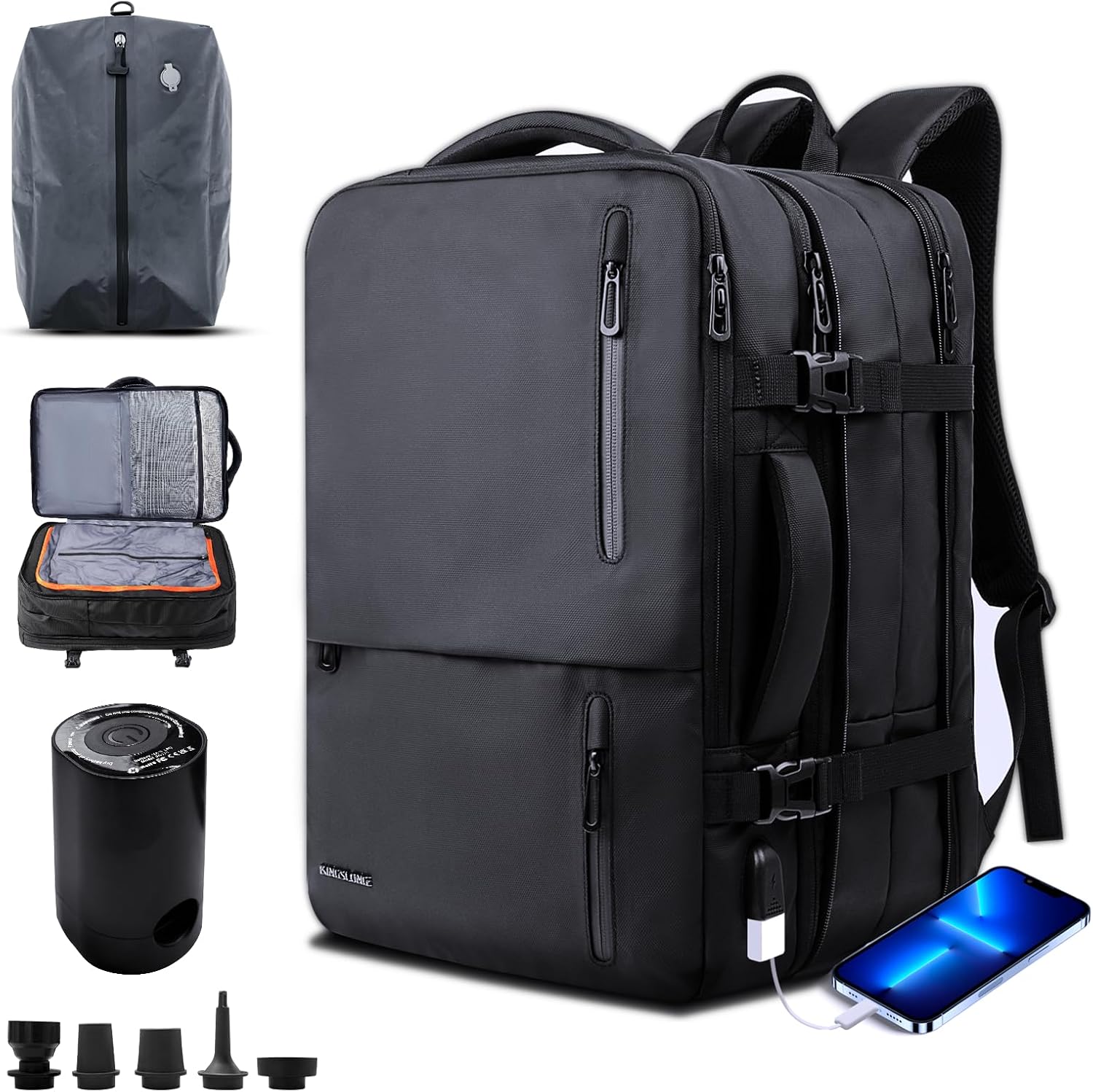 KINGSLONG Vacuum Backpack Travel Compression Pump: 19 inch Carry on Vacpack Daypack Back Pack System Expandable for Travel Business Camping Laptop With Electric Air Pump Water Resistant Black