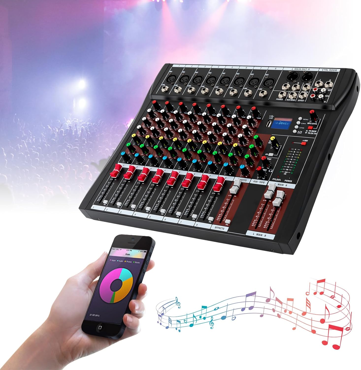 8 Channel Audio Mixer Sound Mixing Console,Professional Mixer for PC Recording Sound Controller Audio Interface w/Bluetooth USB Drive for Professional and Beginners Recording Function (8 Channels)