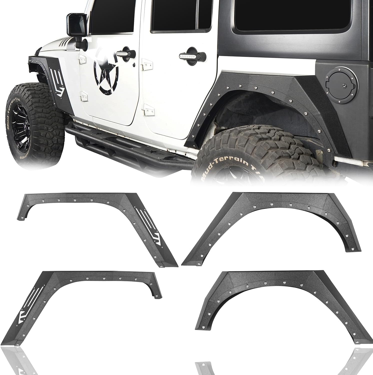 Hooke Road JK Front + Rear Steel Fender Flares Armor Style Mud Guards Compatible with 2007-2018 Jeep Wrangler JK - 4 PCS