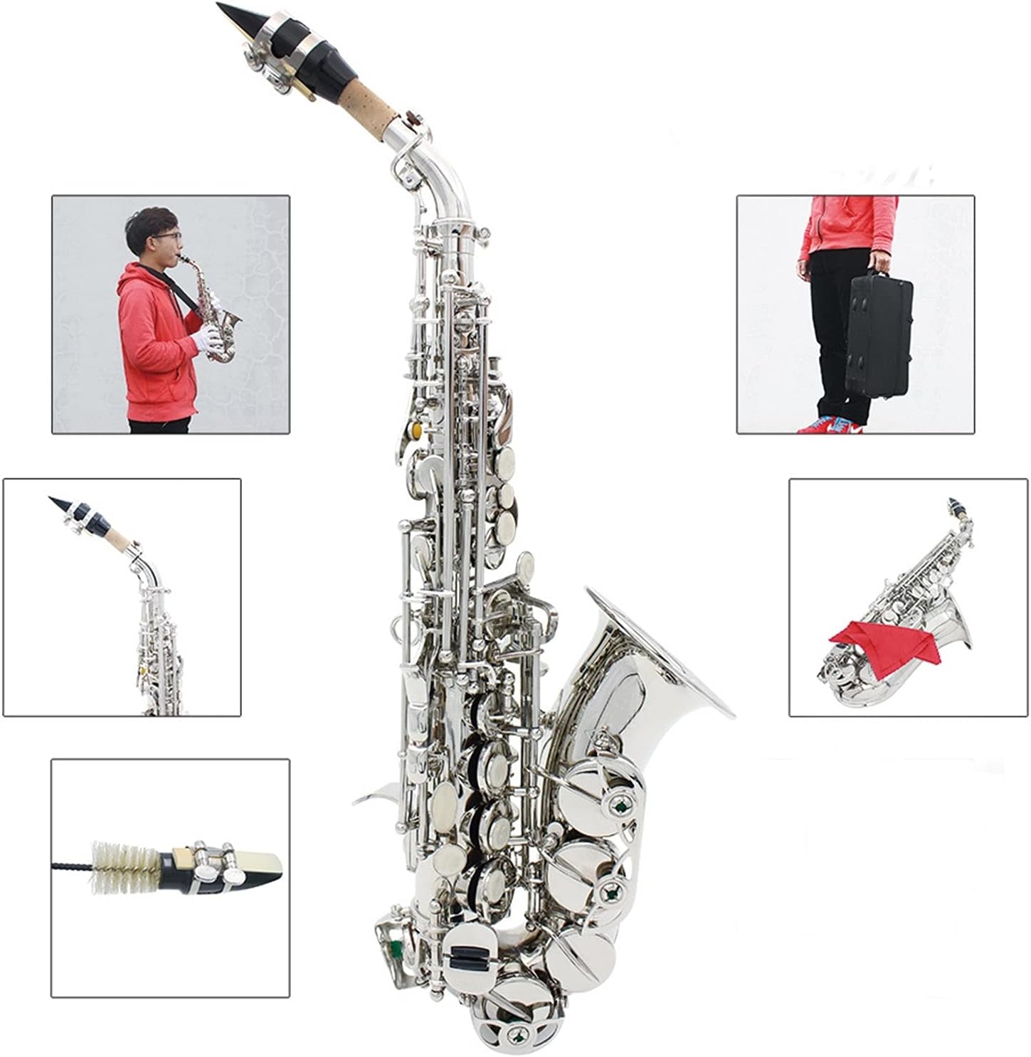 Saxophone Straight Soprano Saxophone B Flat Treble Small Elbow Key Type Woodwind Instrument (Color : Silver)