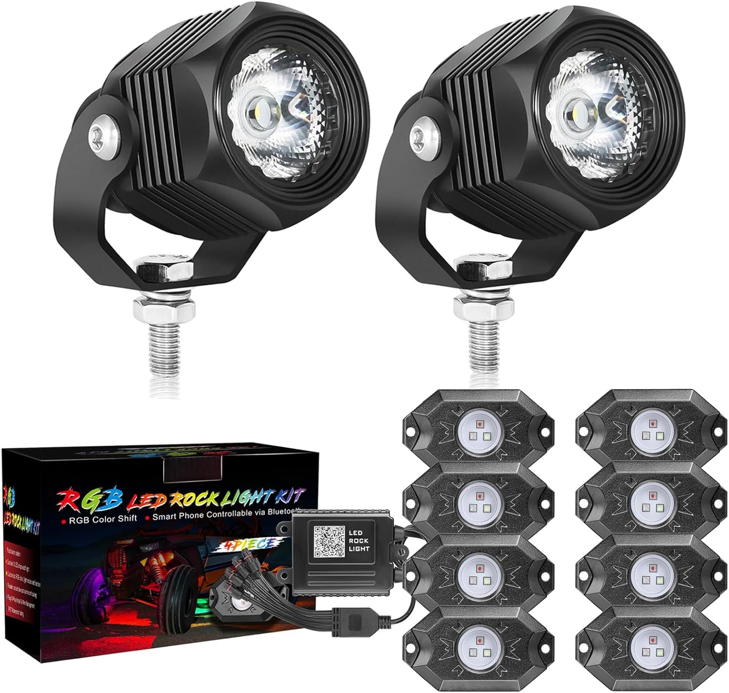 2PCS Small LED Pods Driving Light + 8 Pods RGB Rock Lights