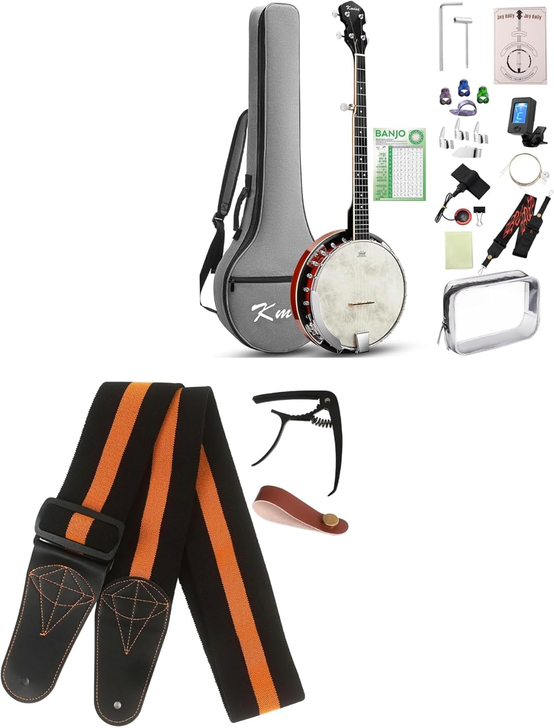 Kmise Banjo, 5 String Mini Banjos with Remo Head, Portable Travel 28-inch Closed Back Banjo Kit with Bag, Strap, Tuner, and Finger Picks for Beginners Adults Starter Gift and Kmise Stretchy Adjustable